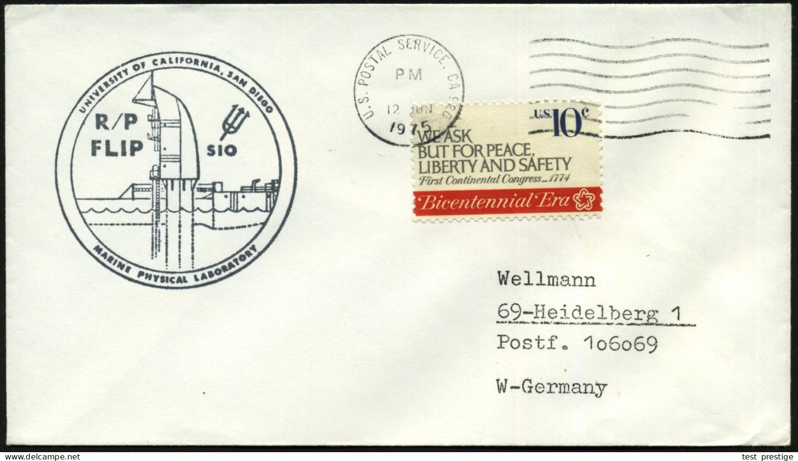 U.S.A. 1975 MaWellenSt.: U.S. POSTAL SERVICE, CA. 920 (ohne Tag/Monat) + Amtl. HdN: UNIVERSITY OF CALIFORNIA, SAN DIEGO/ - Schiffahrt