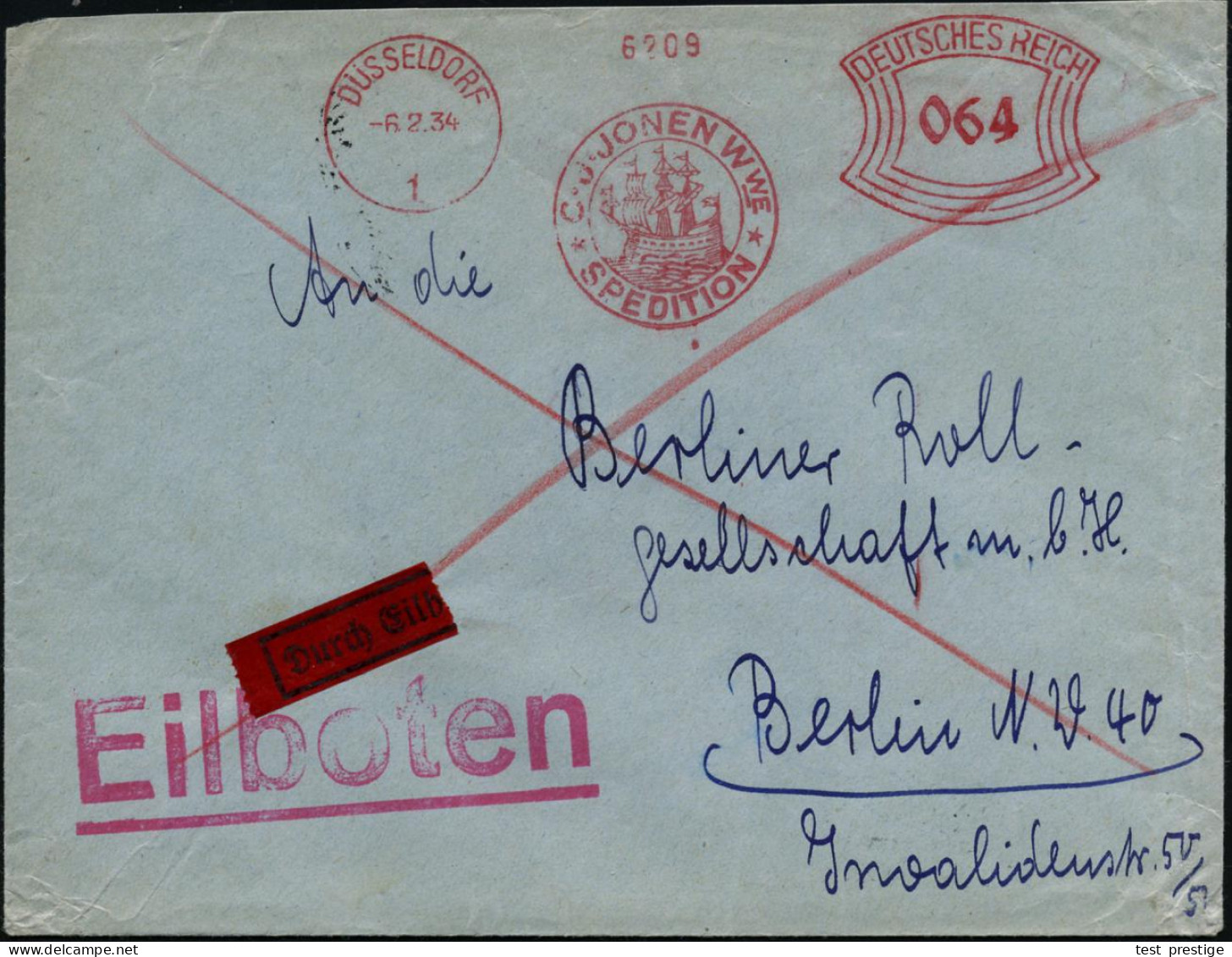 DÜSSELDORF/ 1/ C.J.JONEN Wwe/ SPEDITION 1934 (6.2.) AFS Francotyp "Bogenrechteck" 064 Pf. = Hanse-Kogge , Dekorativer Fe - Schiffahrt