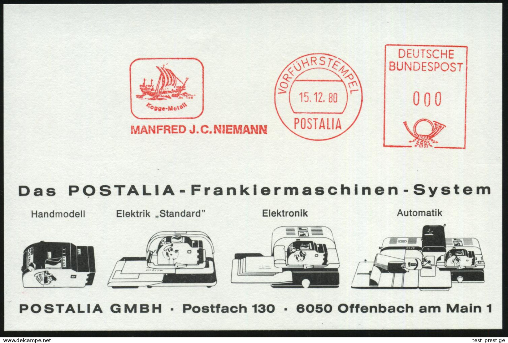 B.R.D. 1980 (15.12.) AFS: VORFÜHRSTEMPEL/POSTALIA/Kogge-Metall/M.J.C.NIEMANN = Hanse-Kogge , Seltene Postalia-Musterkt.! - Schiffahrt