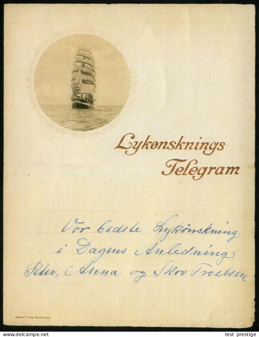 DÄNEMARK 1925 (ca.) Schmuckblatt-Telegramm "Lykönsknings Telegram" = Windjammer (Segelschiff) Bedarfsgebr. (kl. Mäng., F - Marítimo