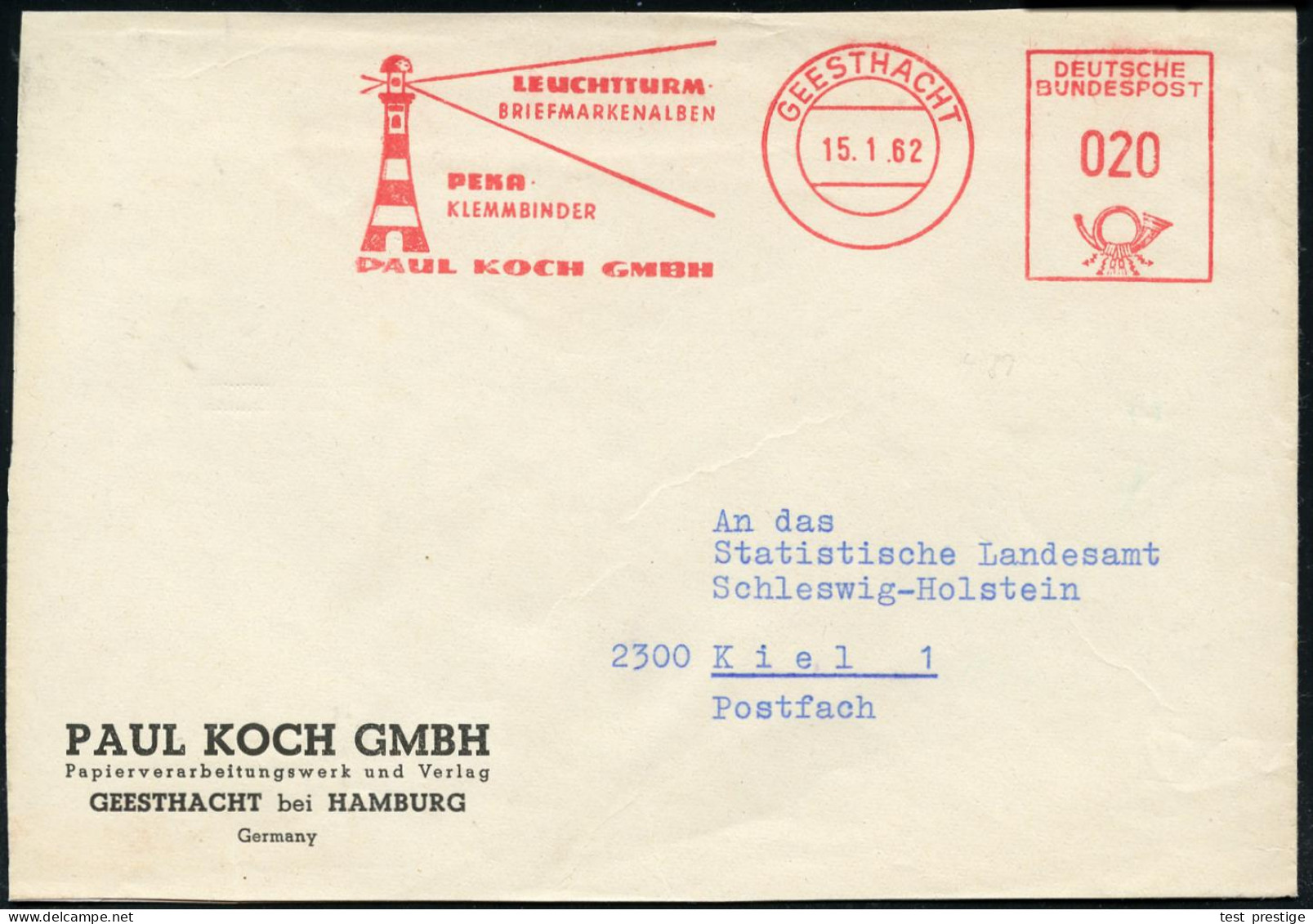 2057 GEESTHACHT/ LEUCHTTURM/ BRIEFMARKENALBEN/ ..P.KOCH 1964 (24.4.) 2 Verschiedene AFS = Leuchtturm Mit Lichtkegel, 1x  - Phares