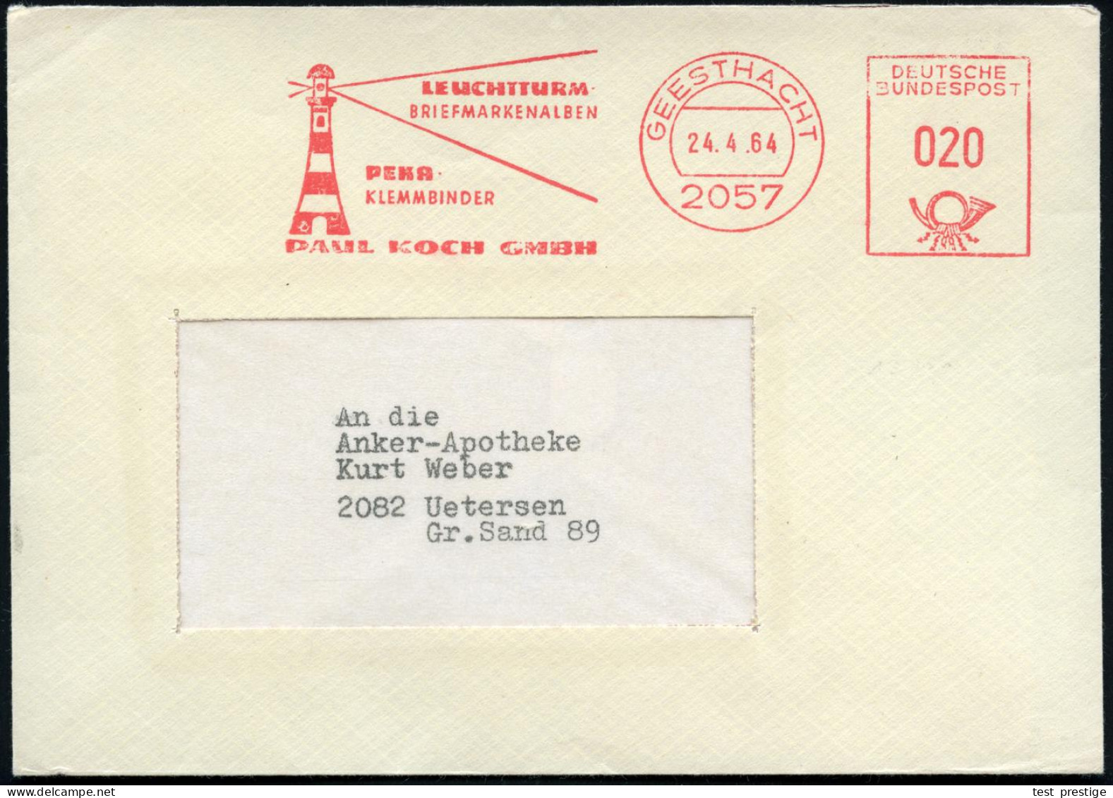 2057 GEESTHACHT/ LEUCHTTURM/ BRIEFMARKENALBEN/ ..P.KOCH 1964 (24.4.) 2 Verschiedene AFS = Leuchtturm Mit Lichtkegel, 1x  - Lighthouses