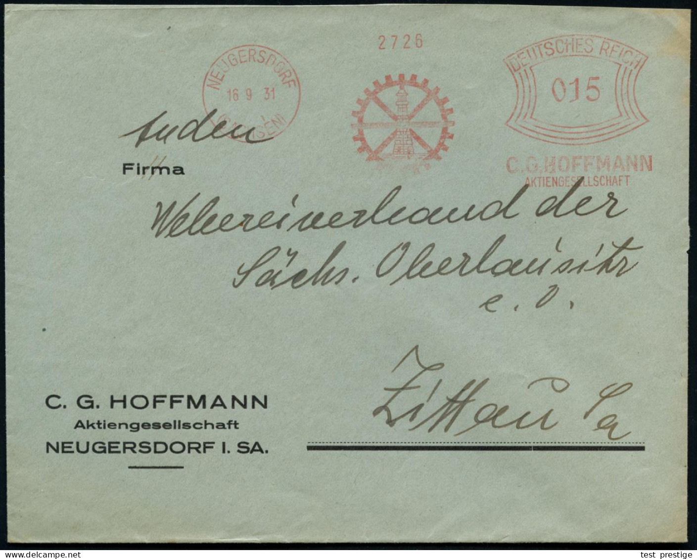 NEUGERSDORF/ (SACHSEN)/ C.G.HOFFMANN/ AG 1931 (16.9.) Dekorativer AFS Francotyp = Leuchtturm (vor Zahnrad) Auf Firmen-Bf - Leuchttürme