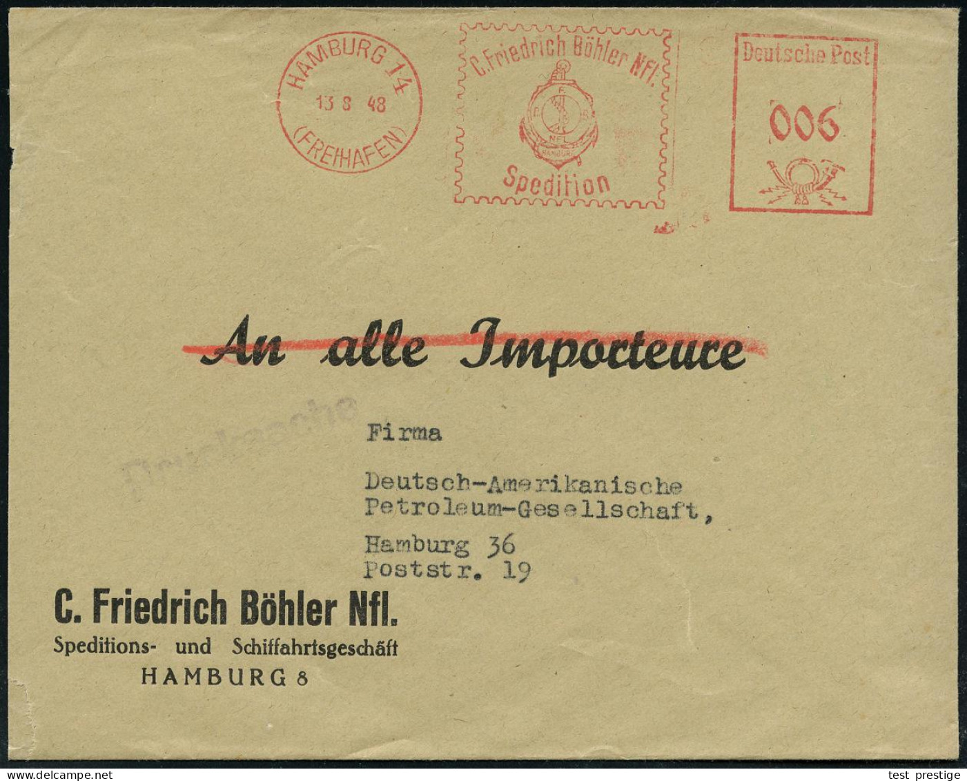 HAMBURG 14/ (FREIHAFEN)/ C.Friedrich Böhler Nfl./ Spedition 1948 (13.8.) AFS Francotyp "Posthorn" = Hauspostamt Zollauss - Marítimo