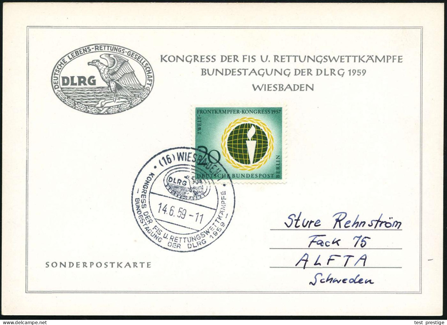 (16) WIESBADEN 1/ DLRG/ KONGRESS DER FIS U.RETTUNGSWETTKÄMPFE/ BUNDESTAGUNG 1959 (14.6.) SSt (Logo) Sonder-Kt.: BUNDESTA - Schiffahrt