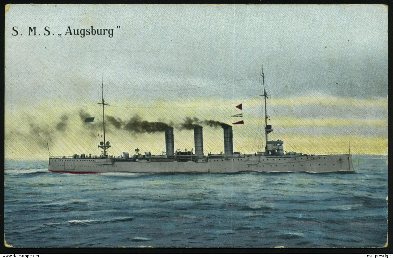 DEUTSCHES REICH 1915 (30.11.) Color-Feldpost-Ak.: S.M.S. Augsburg = Marine-Schiffspost No. 2 , 1K-Steg: BREKLUM/(Kr. HUS - Schiffahrt