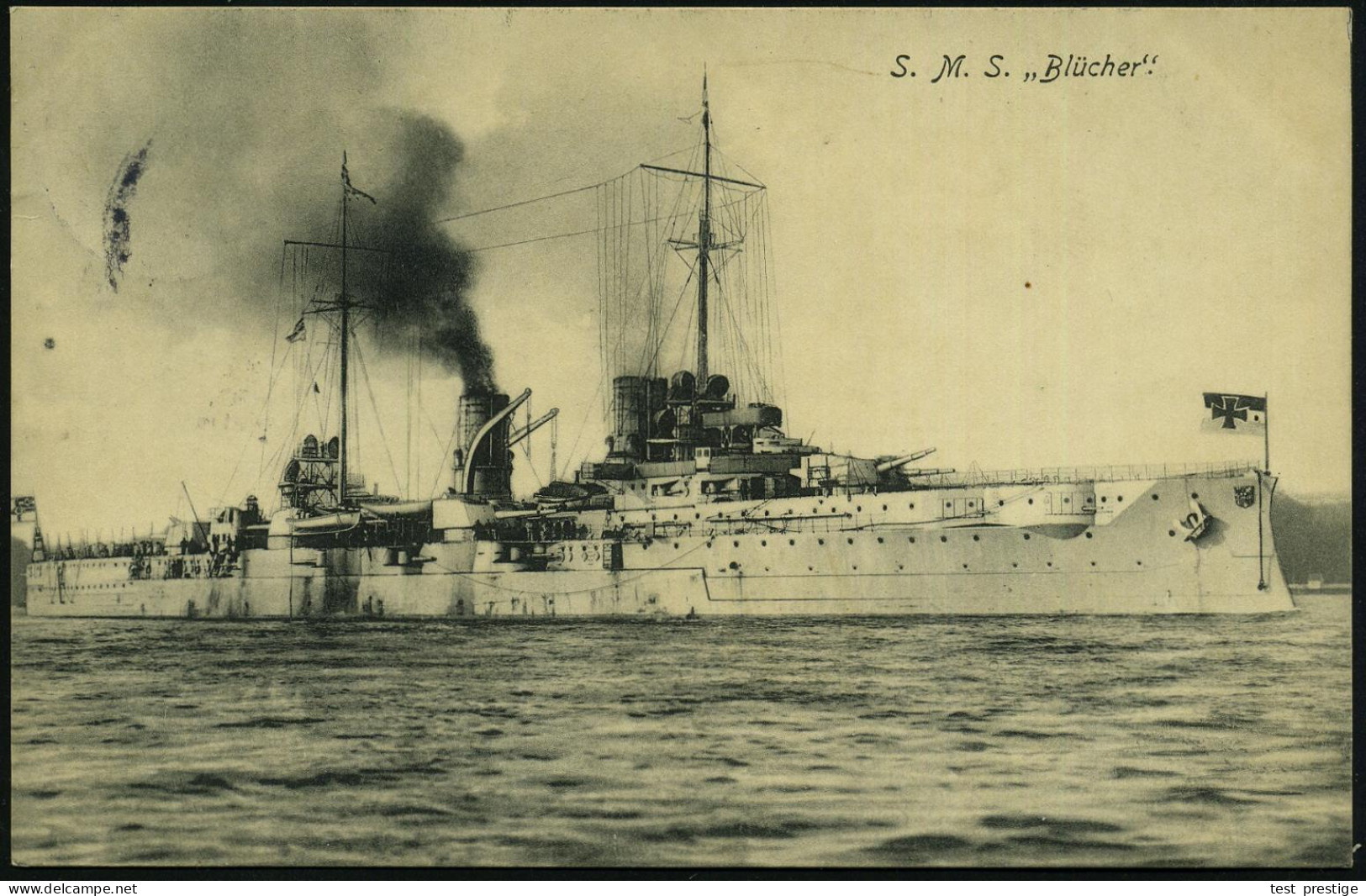 DEUTSCHES REICH 1913 (23.4.) S/w.-Foto-Ak.: S.M.S. "Blücher" = Großer Kreuzer (MSP No.12), Erbaut 1908, Am 24.1.1915 In  - Schiffahrt