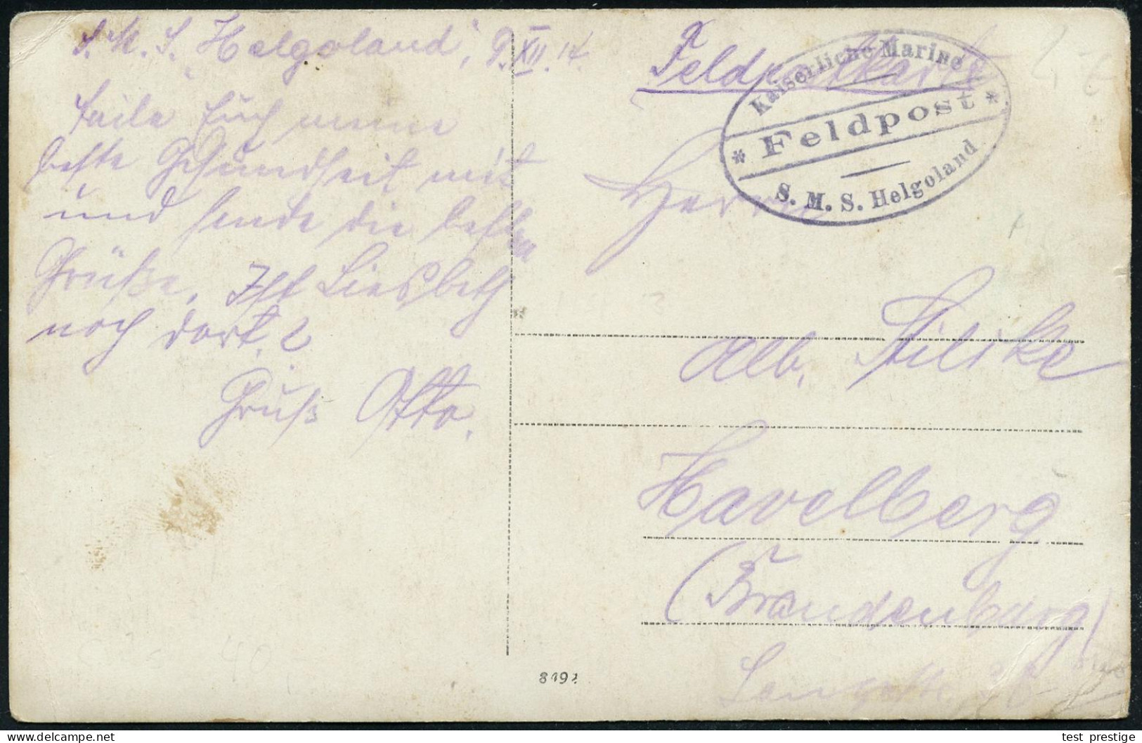 DEUTSCHES REICH 1914 (9.12.) MSP No.13, Viol. Ovalbrücken-Briefstempel: Kaiserliche Marine/* Feldpost */ S.M.S. Helgolan - Schiffahrt