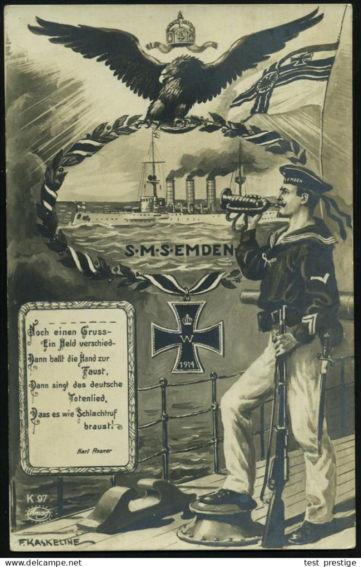 DEUTSCHES REICH 1914 MSP No.28 / No.403, S/w.-Propaganda-Künstler-Ak.: S.M.S. EMDEN, Noch Einen Gruss,, Dann Singt Das D - Marítimo