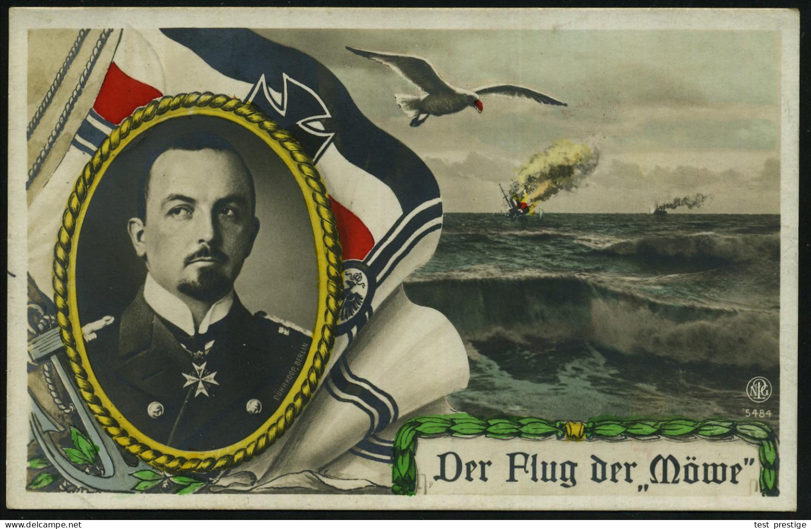 DEUTSCHES REICH 1916 (22.3.) Color-Propaganda-Ak.: Der Flug Der "Möwe", 2 Szenen: Kampfszene,  Portrait Des Kommandanten - Maritime