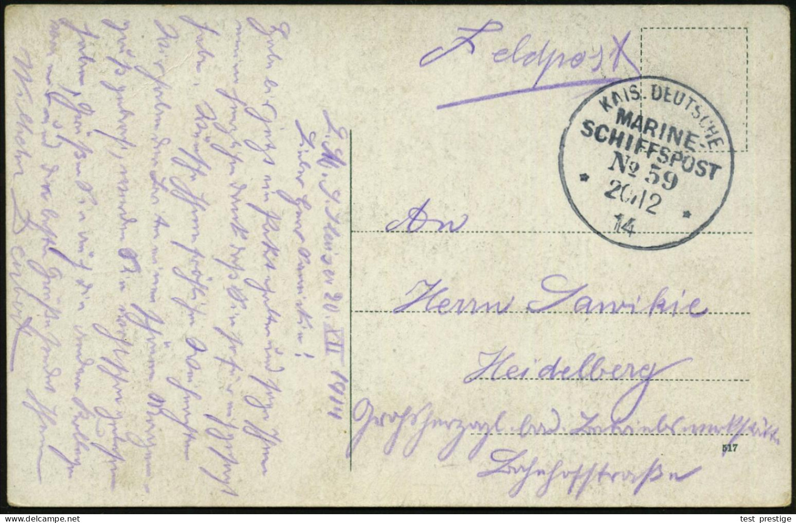 DEUTSCHES REICH 1914 (20.12.) 1K-BPA: KAIS. DEUTSCHE/MARINE-/SCHIFFSPOST/No.59/** = S.M.S. "Kaiser", Linienschiff , Klar - Marítimo