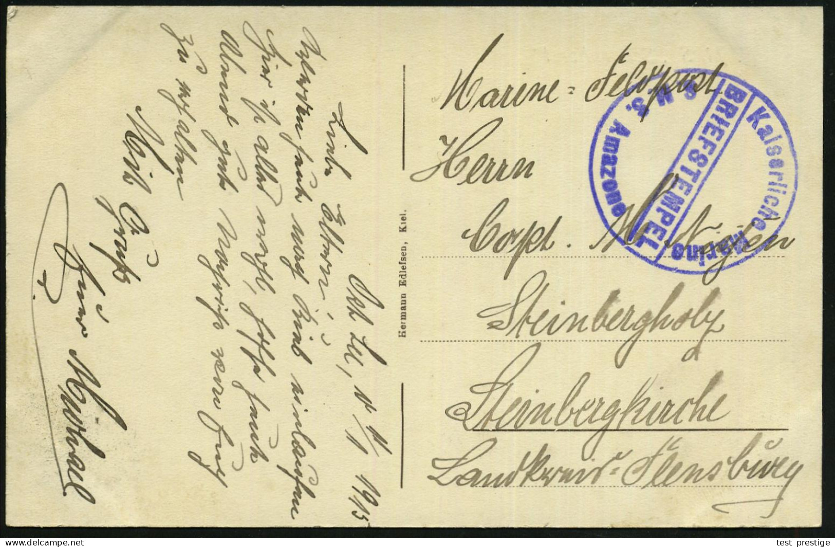 DEUTSCHES REICH 1915 (11.1.) Viol. 1K-Brücken-Briefstempel: Kaiserliche Marine/S.M.S. Amazone (= MSP No.70) Kleiner Kreu - Maritime