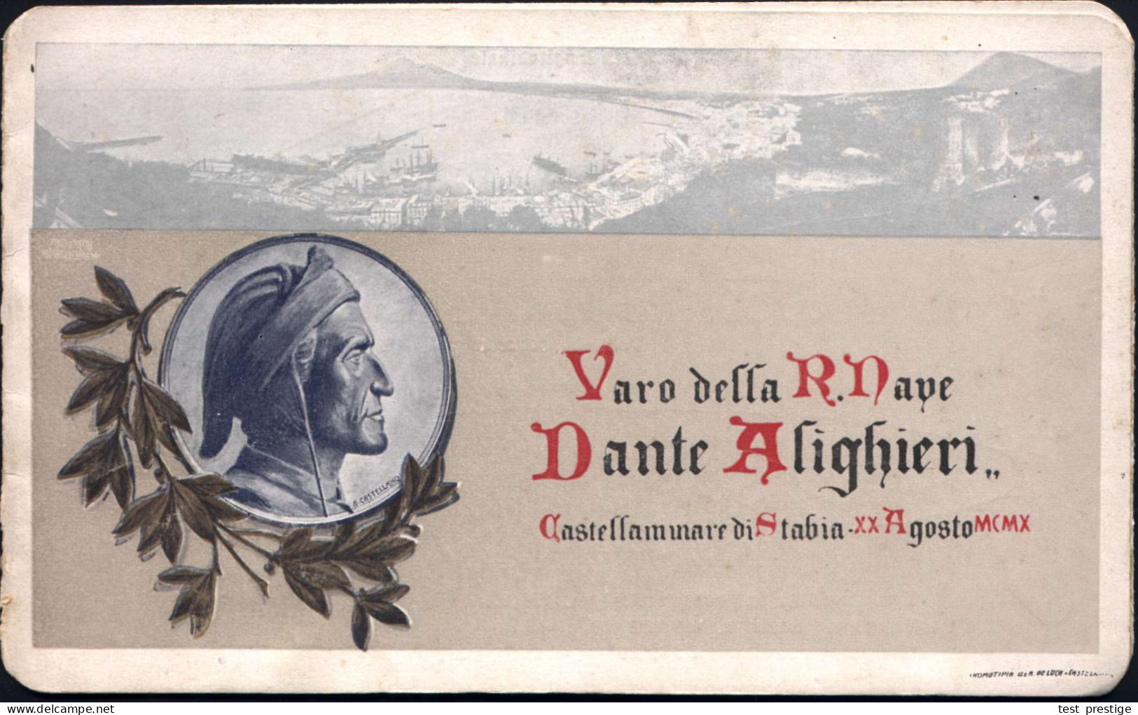 ITALIEN 1910 (20.8.) Dreifach-Klappkt.: Stapellauf Des Schlachtschiffes "Dante Alighieri" Mit Aufsicht/ Seitenriß Bzw. F - Schiffahrt