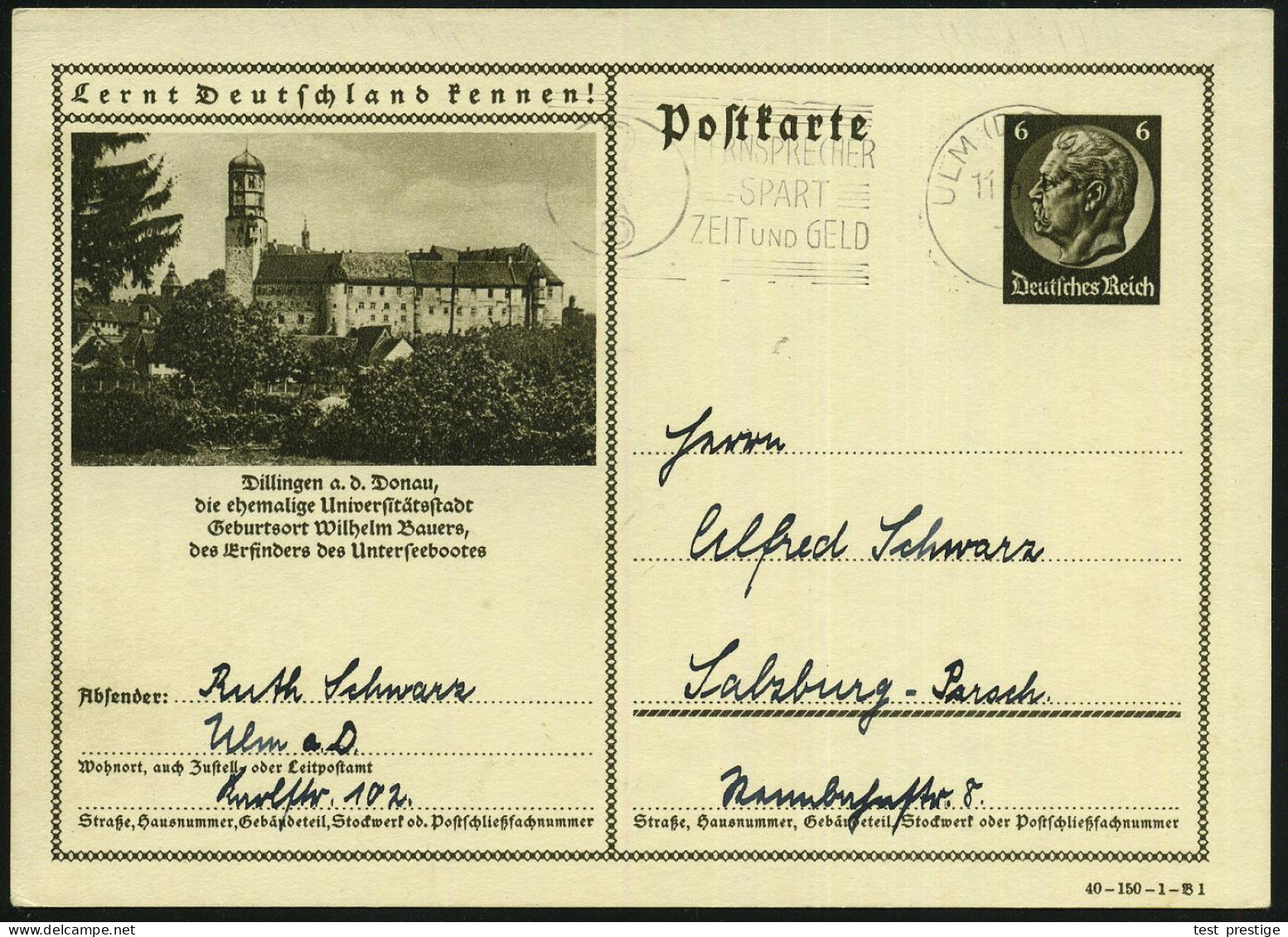 Dillingen A.d.Donau 1940 (11.6.) 6 Pf. BiP Hindenbg., Braun: ..Geburtsort Wilhelm Bauers,/der Erfinders Des Unterseeboot - Sous-marins