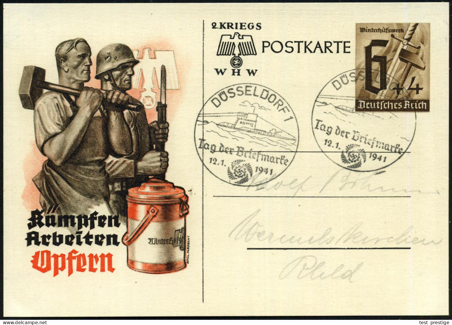 DÜSSELDORF 1/ Tag Der Briefmarke 1941 (12.1.) SSt = U-Boot + 2. SSt.! (Infantrie) Zus. Auf WHW-P 6 + 4 Pf. (P 291) (Bo.5 - Submarinos