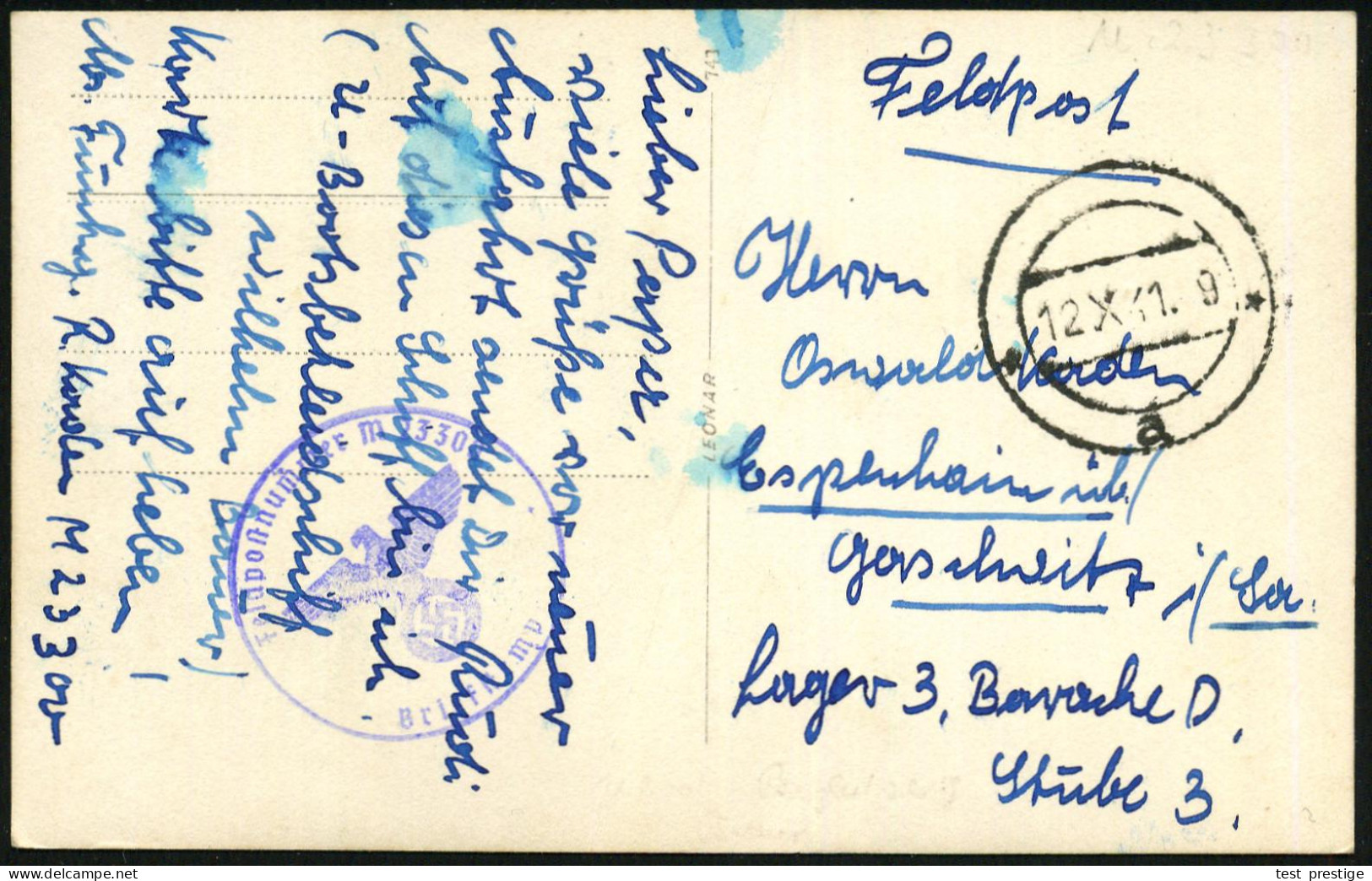 Gotenhafen 1941 (12.X.) Stummer, Ehem. Poln. 2K-Steg "a" = Tarnstempel Gotenhafen + Viol. 1K-HdN: Feldpostnr. M 23300 =  - Sous-marins