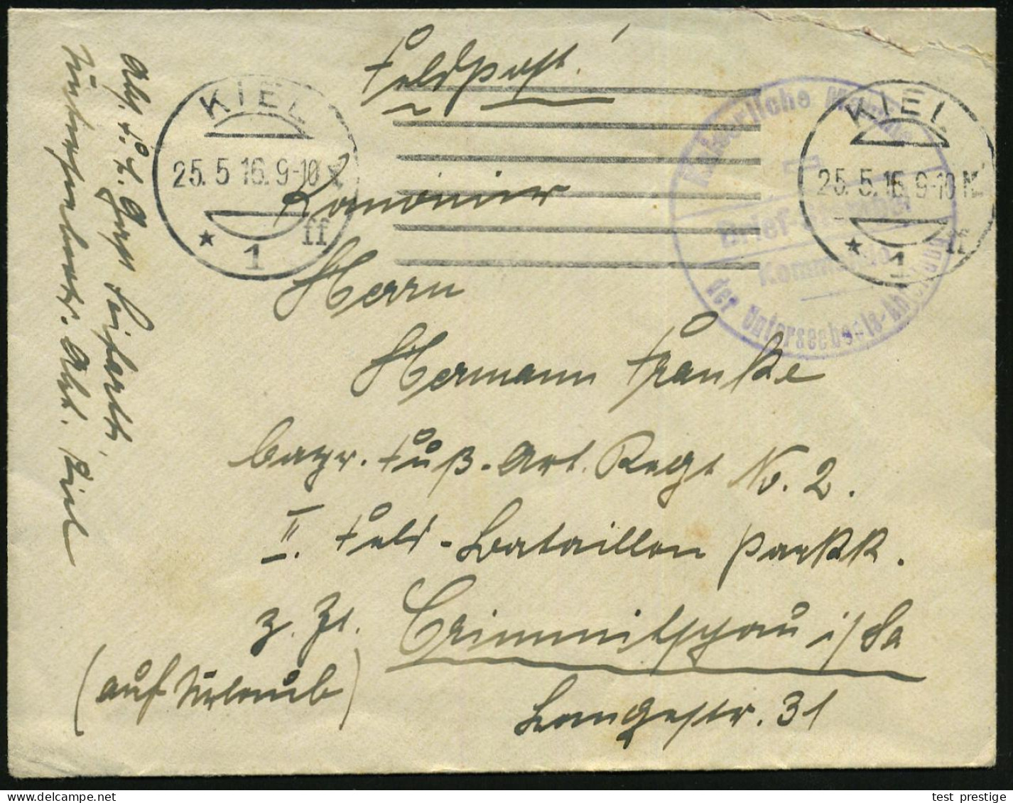 KIEL/ *1ff 1916 (25.5.) Band-MaSt. + Viol. 1K-HdN.: Kaiserliche Marine/Kommando/der Unterseeboots-Abteilung + Hs. Abs.:  - Submarines