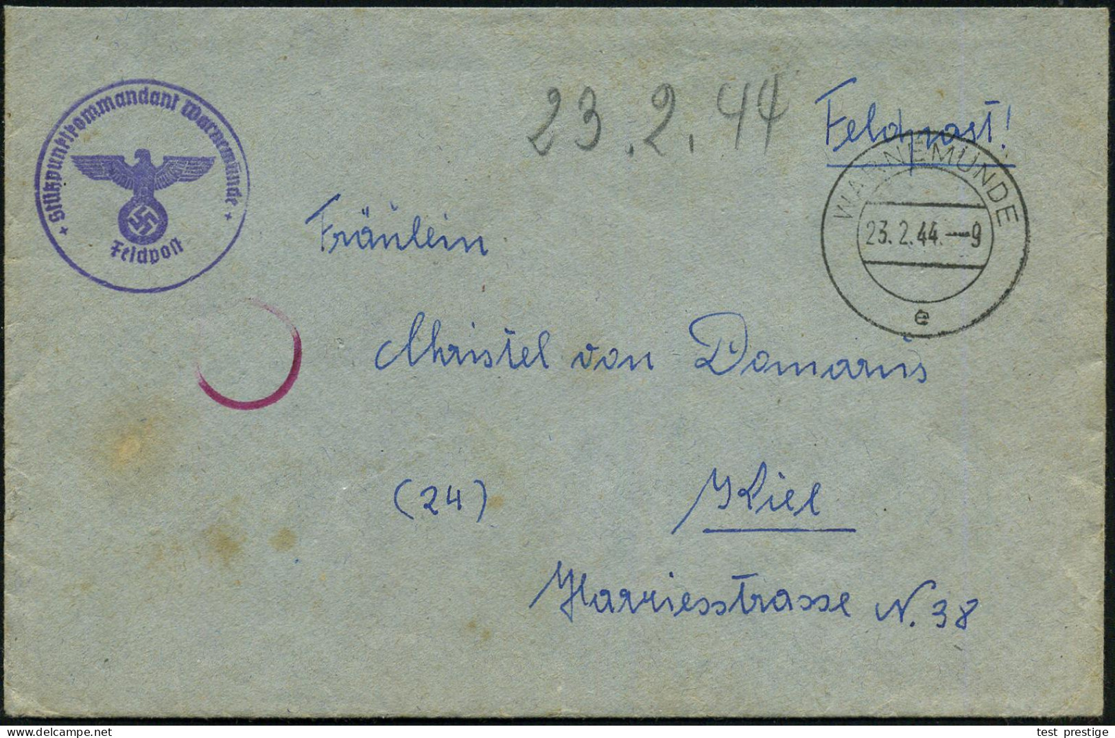 SWINEMÜNDE/ E 1944 (23.2.) 2K-Steg + Viol. 1K-HdN: Stützpunktkommando Warnemünde + Rs. Hs. Abs.: "..Stü. Ko. Warnemünde  - Submarinos