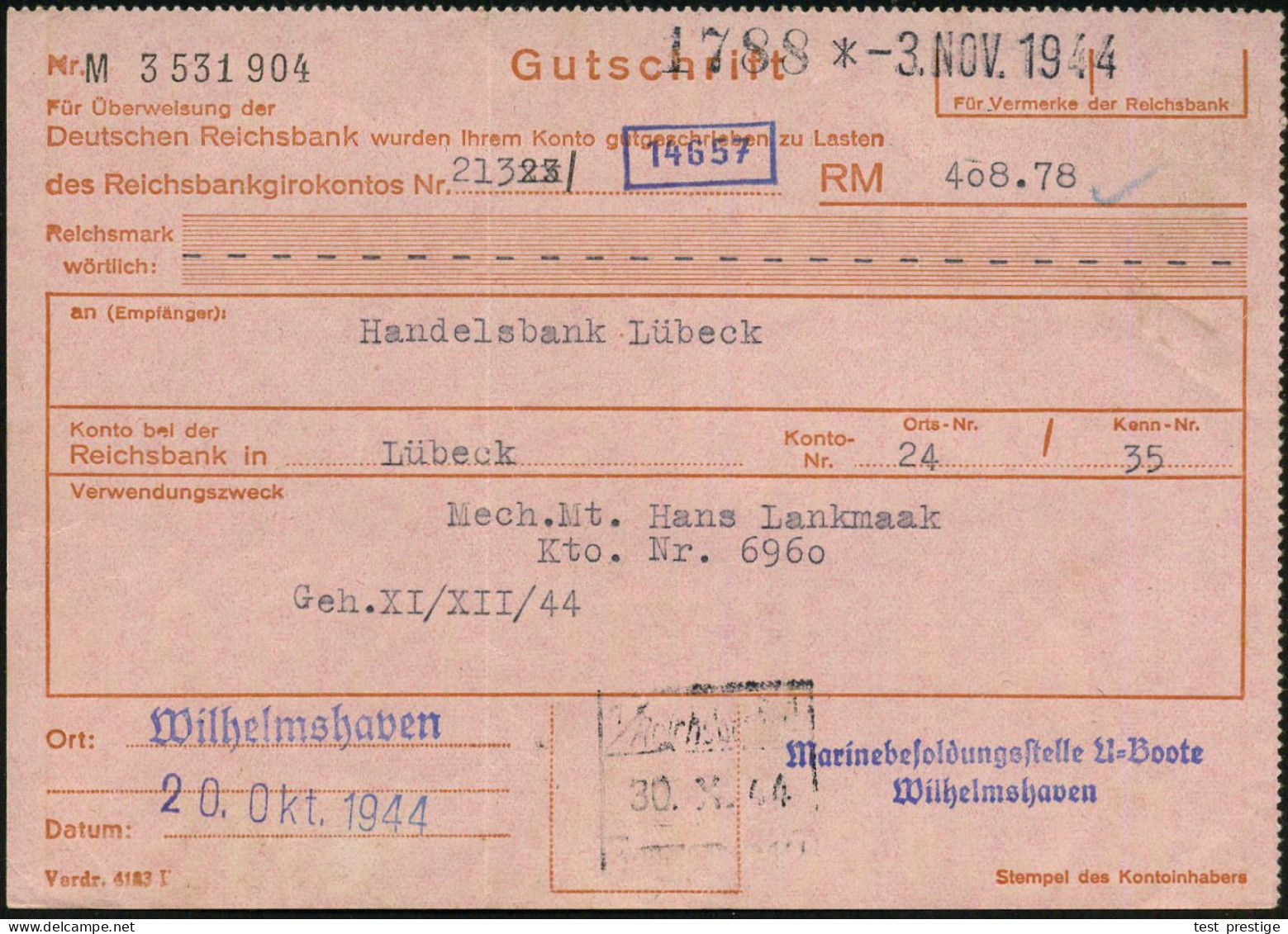 Wilhelmshaven 1944 (20.10.) Viol. 2L: Marinebesoldungsstelle U-Boote/ Wilhelmshaven Auf Reichsbank-Gutschrift-Formular ( - U-Boote