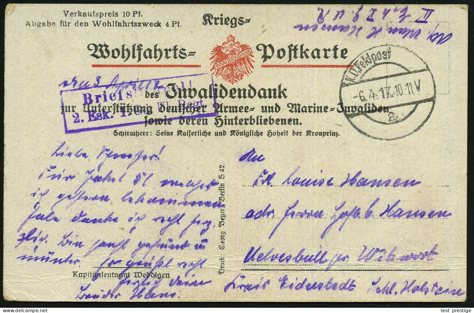 DEUTSCHES REICH 1917 (6.4.) S/w.-Propaganda-Spenden-Ak. (Invalidendank): Kapitänltnt. Weddigen = "Held" Des U-Bootes "U  - Submarines