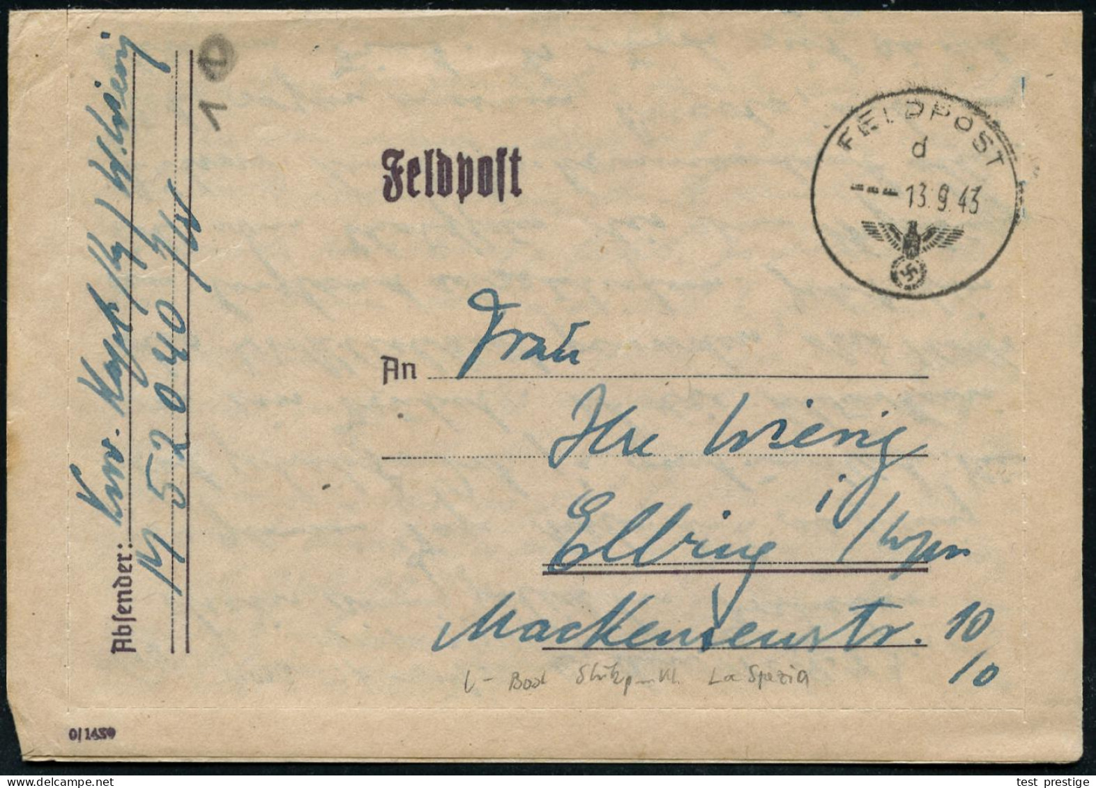 DT.BES.ITALIEN 1943 (13.9.) 1K: FELDPOST/h/--- + Hs. Abs.: "Korv.(etten) Kap(i)t(än).. M 52040" = U-Boot-Stützpunkt  L A - Sous-marins