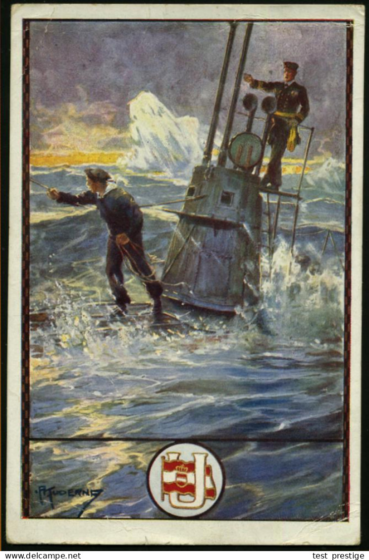 ÖSTERREICH 1916 (18.7.) 5 H. KFJ-Jubiläum, Grün Auf Color-Künstler-RK-Spenden-Ak: "U" = österr. U-Boot Mit Monogramm-Log - Submarinos