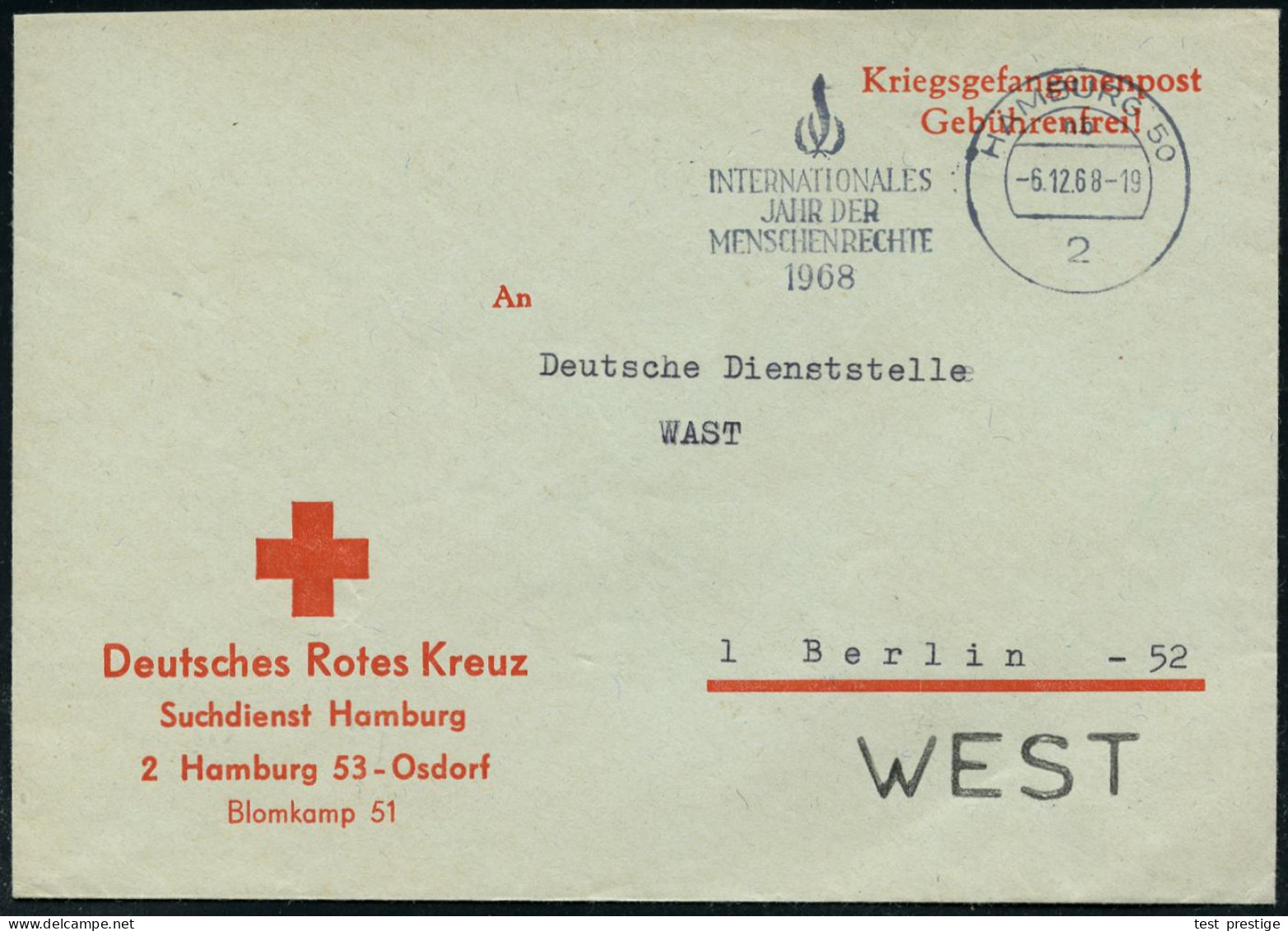 2 HAMBURG 50/ INT./ JAHR DER/ MENSCHENRECHTE 1968 (6.12.) MWSt Auf Portofreiem DRK-Suchdienst-Bf. "Kgf.-Post/ Gebührenfr - UNO