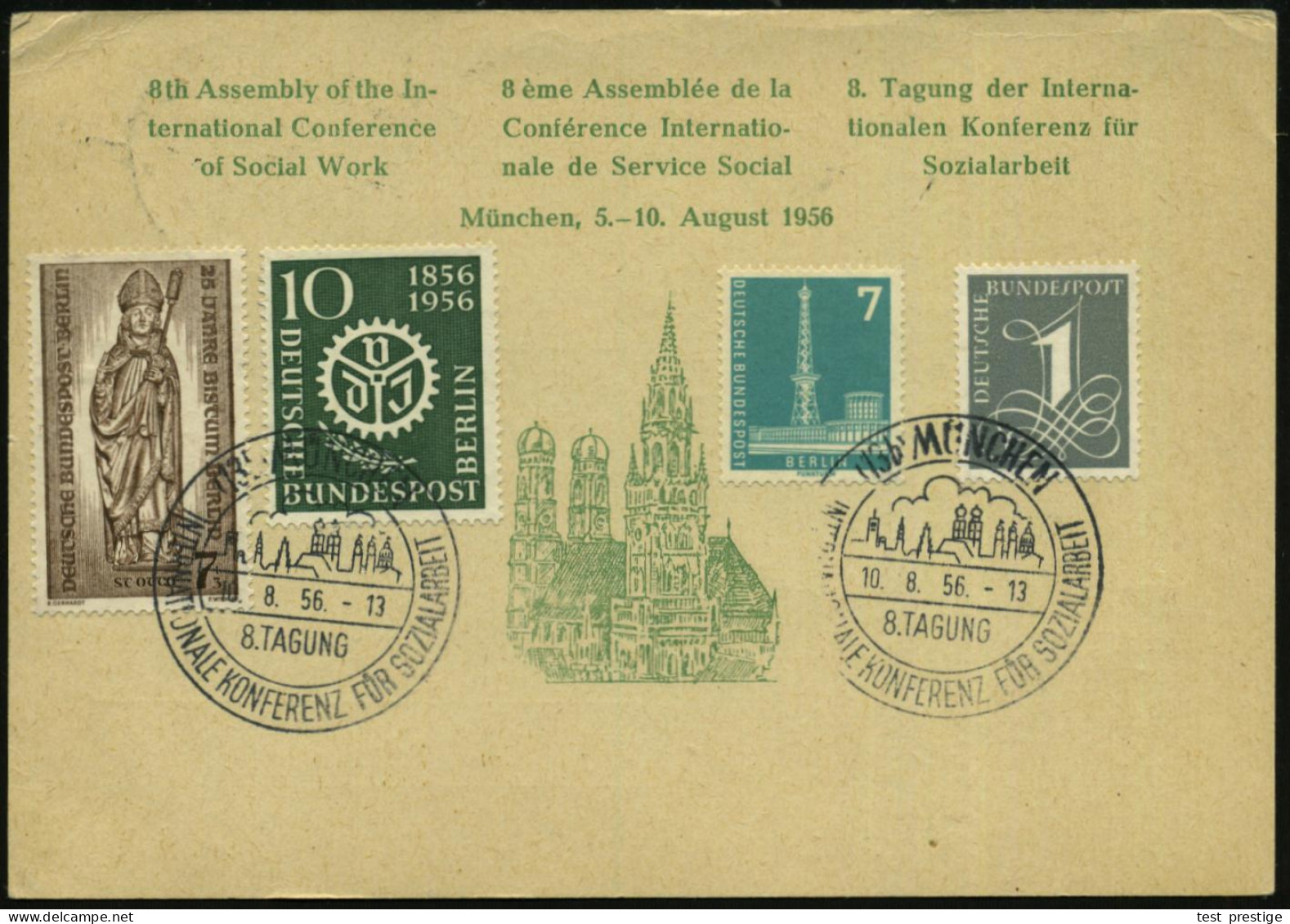 (13b) MÜNCHEN/ ..INTERNATIONALE KONFERENZ FÜR SOZIALARBEIT 1956 (10.8.) SSt (Ortssilhouette) 2x Rs .auf Seltener Kongreß - UNO