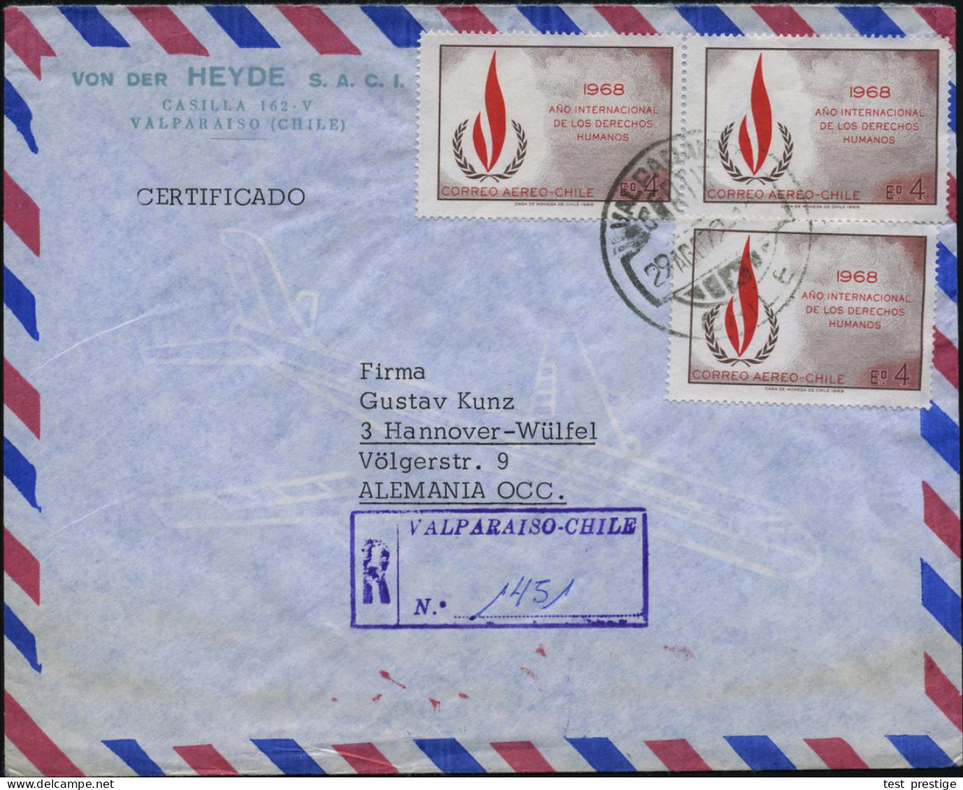 CHILE 1972 (29.8.) "Intermnat. Jahr Der Menschenrechte", 4 E. Reine MeF: 3 Stück + Viol. R-Stempel (VALPARAISO), Klar Ge - ONU