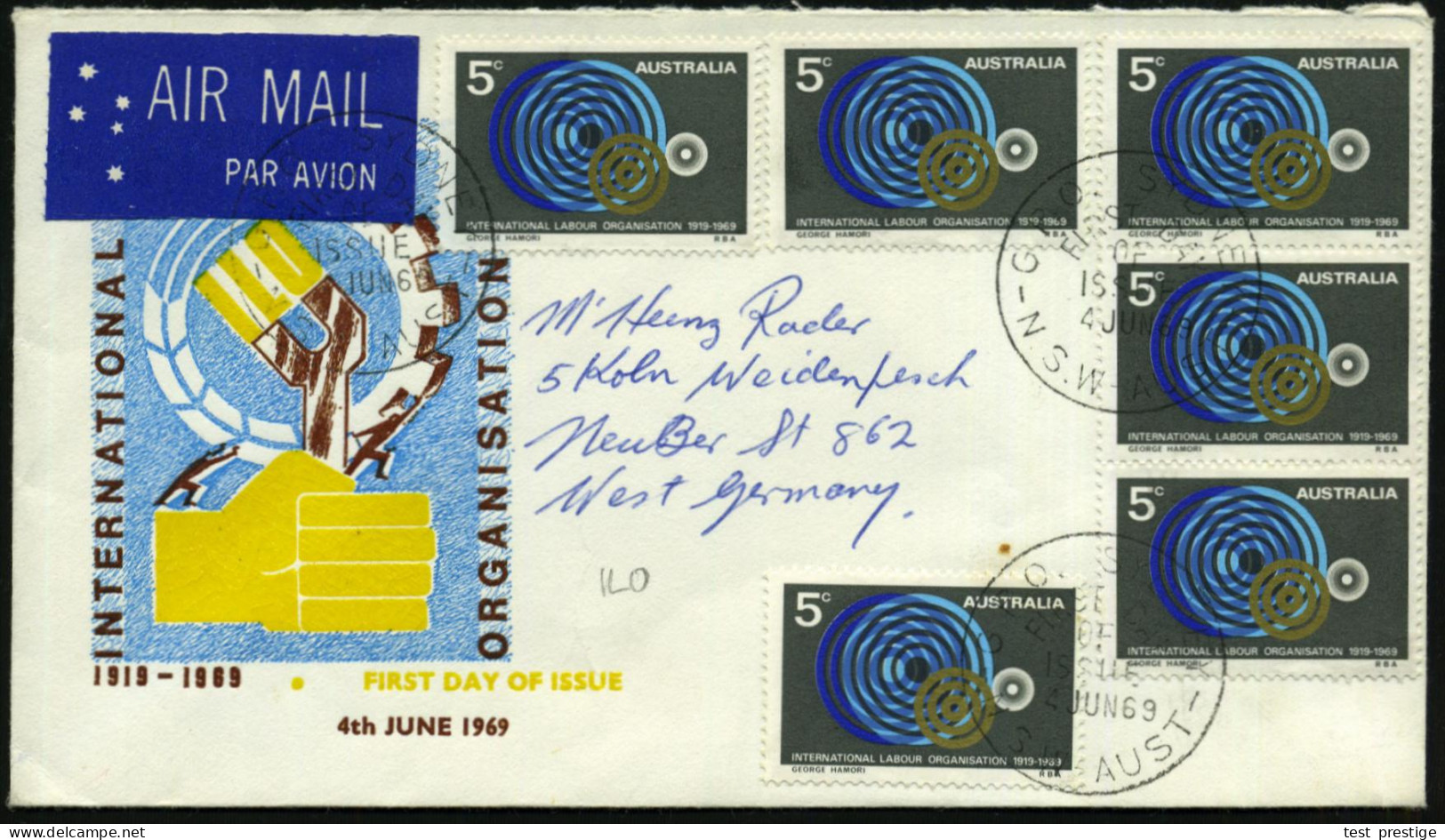 AUSTRALIEN 1969 (4.6.) 5 C. "50 Jahre I L O / B I T" , Reine MeF: 6 Stück ! , Klar Gest. Übersee-Flp.-FDC-SU  (Mi.417 Me - ONU