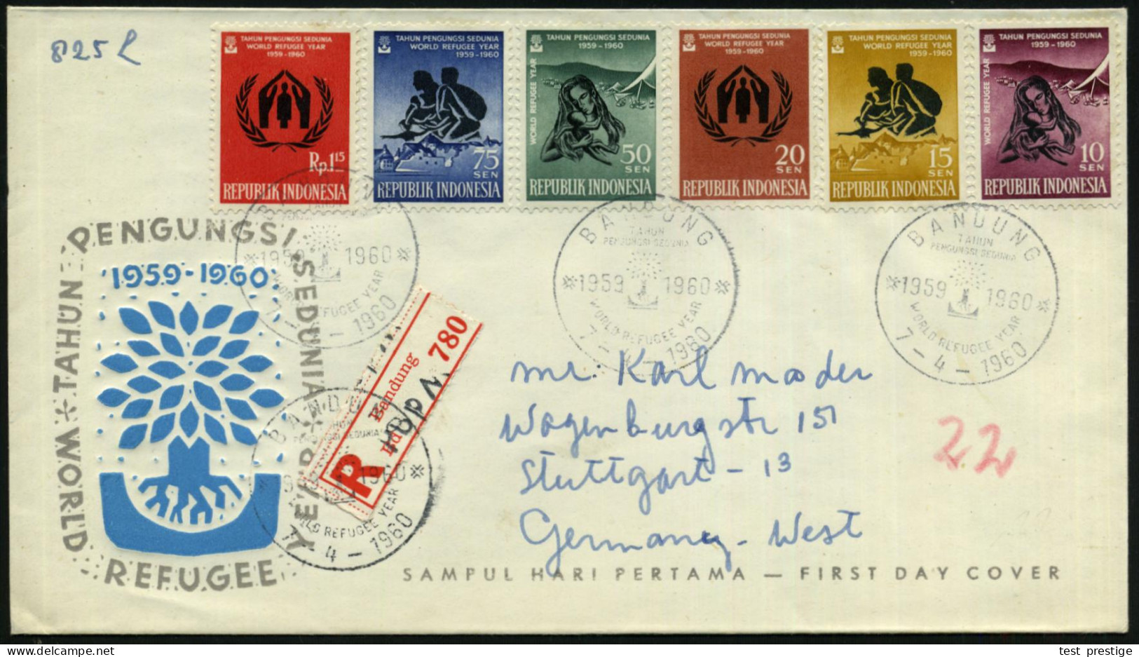 INDONESIEN 1960 (7.4.) Weltflüchtlingsjahr, Kompl.Satz + ET-SSt +.provis. Sonder-RZ: Bandung, Übersee-R-FDC-SU.!  (Mi.26 - ONU