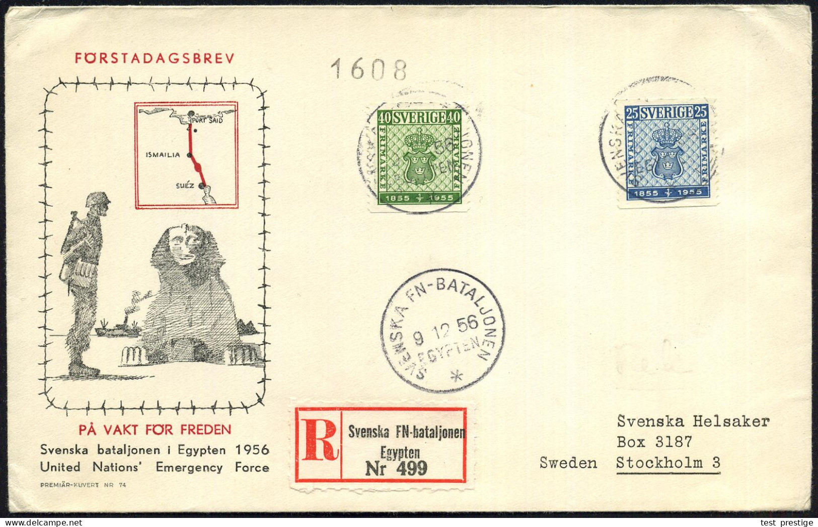 ÄGYPTEN /  SCHWEDEN 1956 (9.12.) 1K: SVENSKA FN-BATALJONEN/EGYPTEN/* 3x (teils Etw.undeutl.) + Seltener Sonder-RZ: Svens - VN