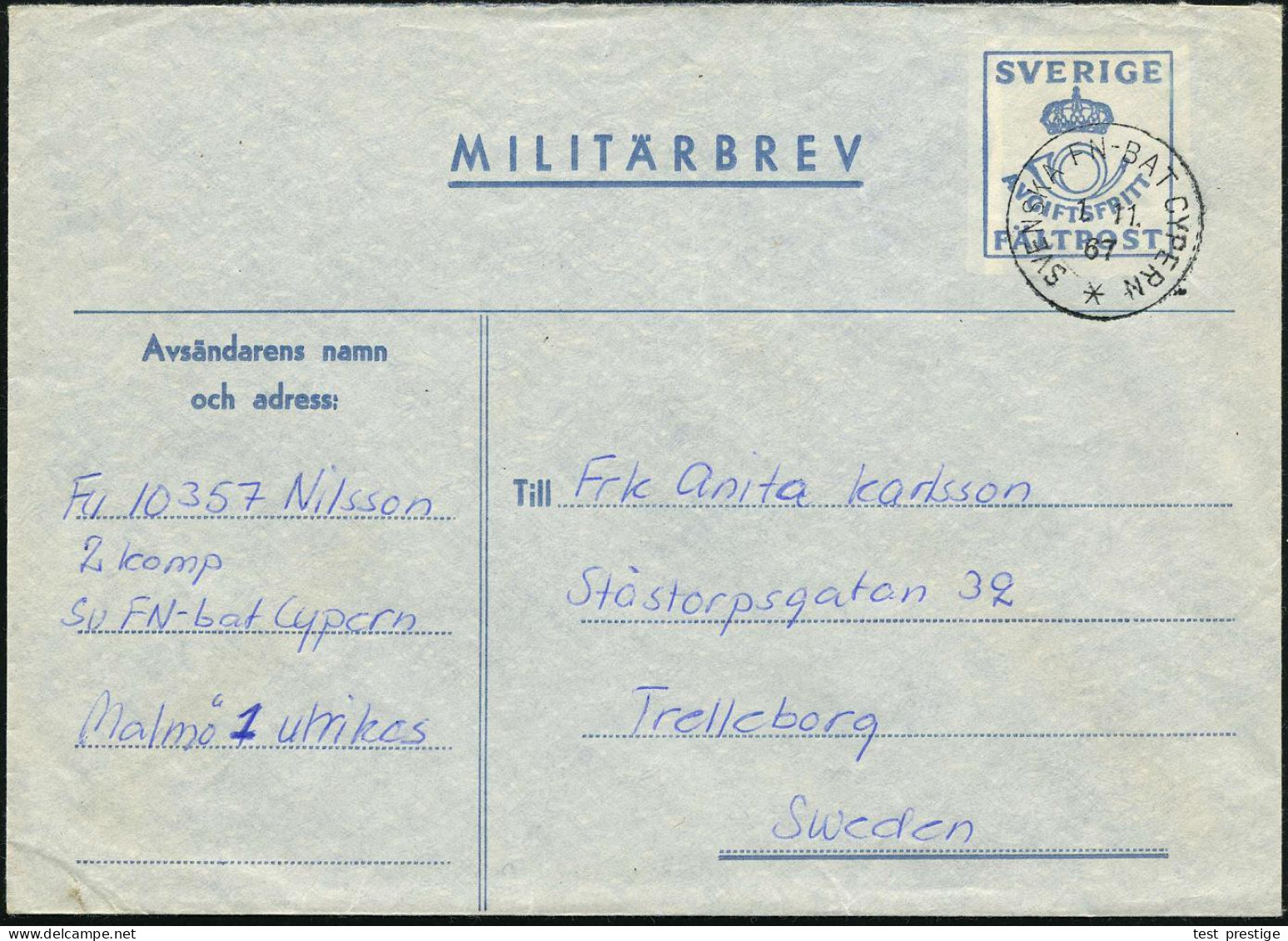 ZYPERN /  SCHWEDEN 1967 (1.11.) 1K: SVENSKA FN-BAT CYPERN/* , Klar Gest. Schwed. Feldpost-Vordruck-Bf. = Griech.-türkisc - ONU