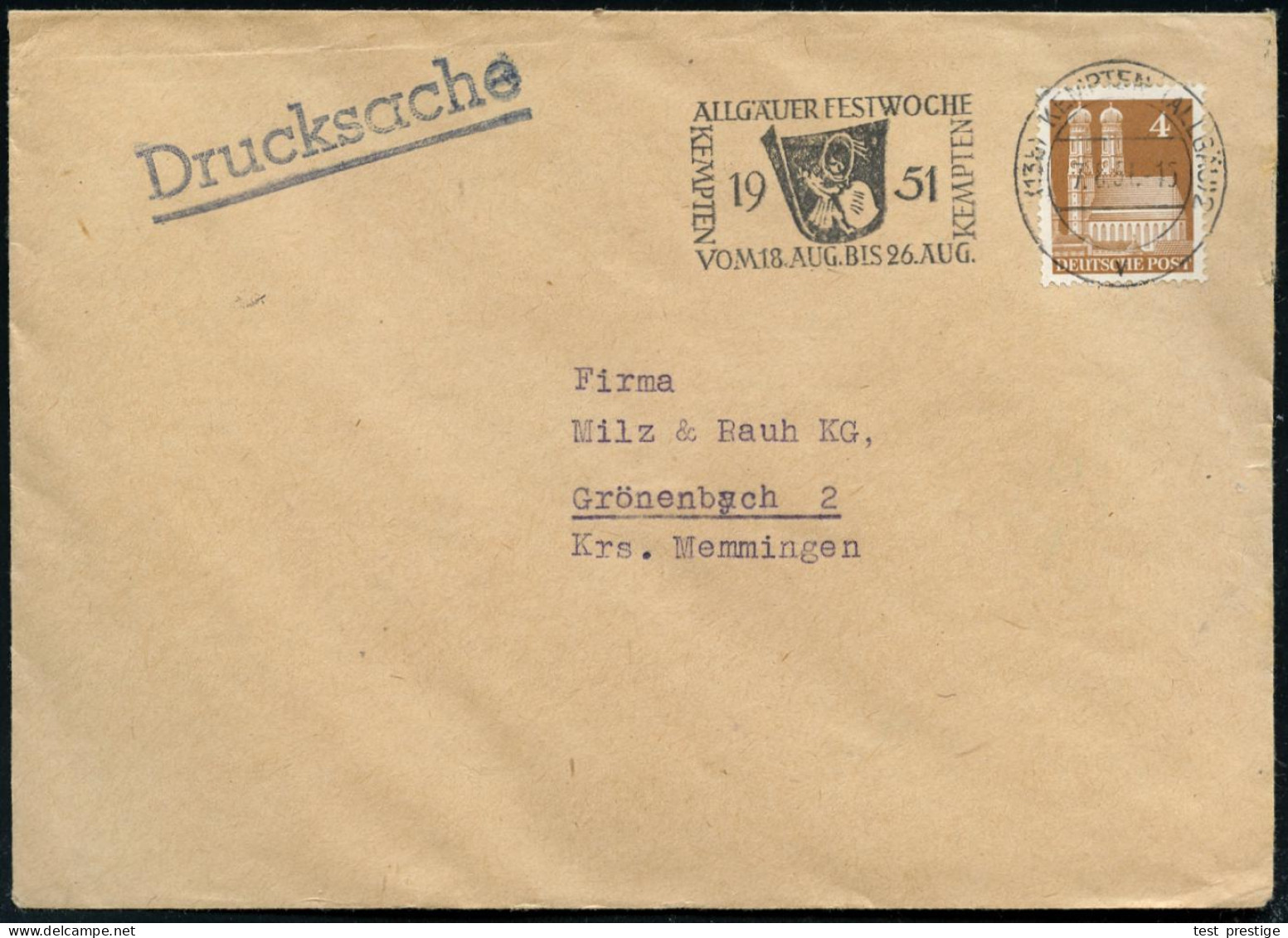 (13b) KEMPTEN (ALLGÄU) 2/ V/ ALLGÄUER FESTWOCHE.. 1951 (7.8.) MWSt = Tanz-Paar Auf Bauten-Frankatur, Bedarfs-Bf. (Bo.9 A - Unclassified