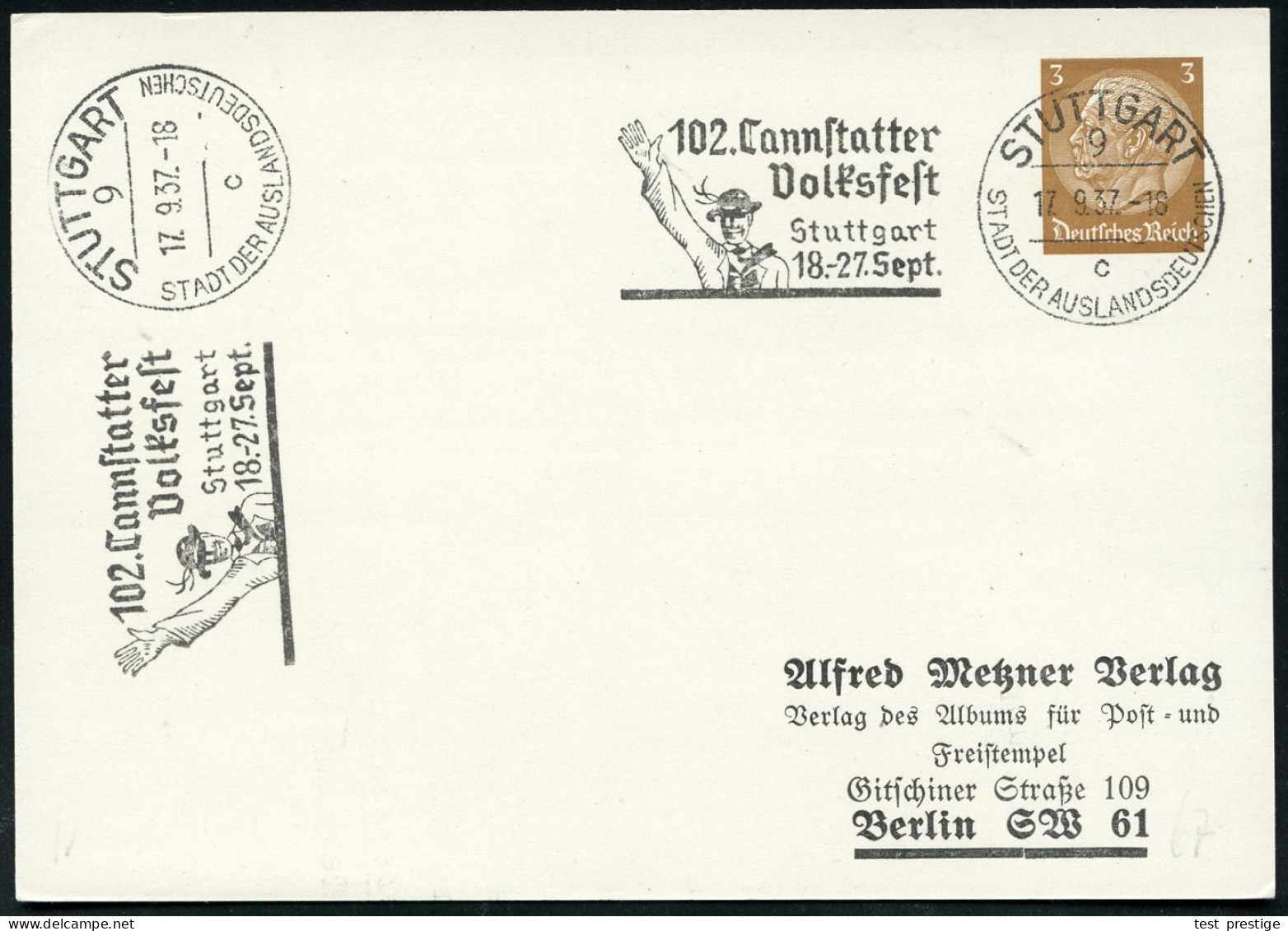 STUTTGART/ 9/ C/ SDA/ 102.Cannstatter/ Volksfest/ 18.-27.Sept. 1937 (17.9.) MWSt (Mann Mit Federhut) Auf PP 3 Pf. Hinden - Unclassified