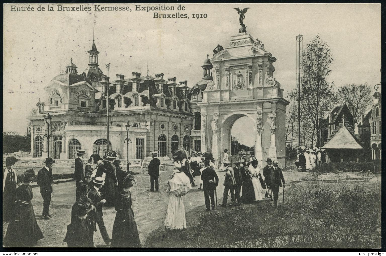 BELGIEN 1910 (27.5.) S/w.-Foto-Ak.: Exposition De Bruxelles 1910, Eingangs-Portal , 2x 1K: BRUXELLES; Bedarfs-Ausl.-Kt.  - Autres & Non Classés