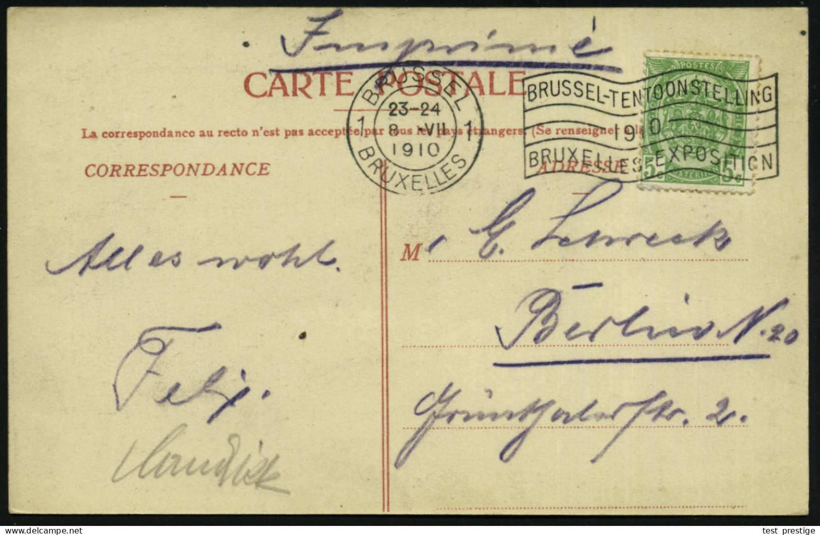 BELGIEN 1910 (8.7.) MWSt: BRUSSEL/1/BRUXELLES/..1910/..EXPOSITION (Flagge) Auf Color-Expo.-Sonder-Kt.: Pavillon Waffen-F - Other & Unclassified