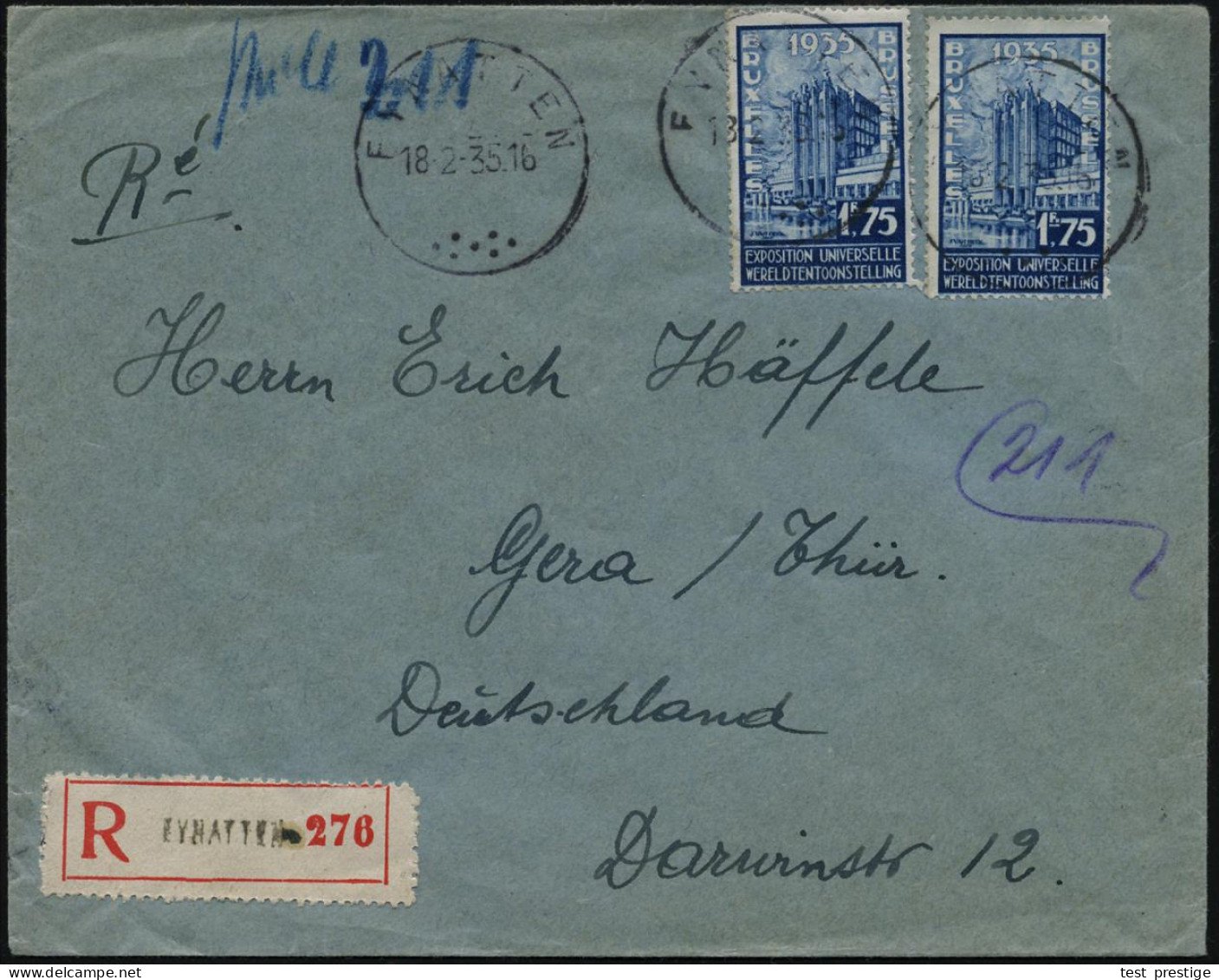 BELGIEN 1935 (18.2.) 1,75 F. "Expo Brüssel", Reine MeF: 2 Stück (Großer Palast) Sauber Gest. Ausl.-R-Bf. N. Gera, Selten - Sonstige & Ohne Zuordnung