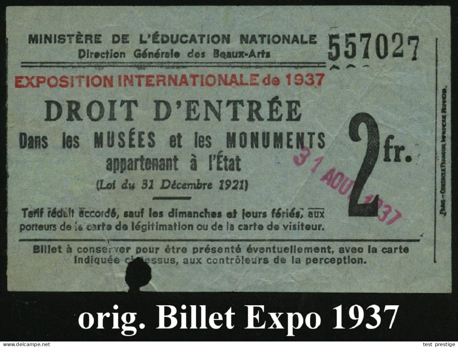 FRANKREICH 1937 Orig. Ausweis: EXPOS. INTERNAT PARIS 1937, CARTE DE LEGITIMATION Mit Blindprägung (Allegorie) + Inhalt:  - Other & Unclassified