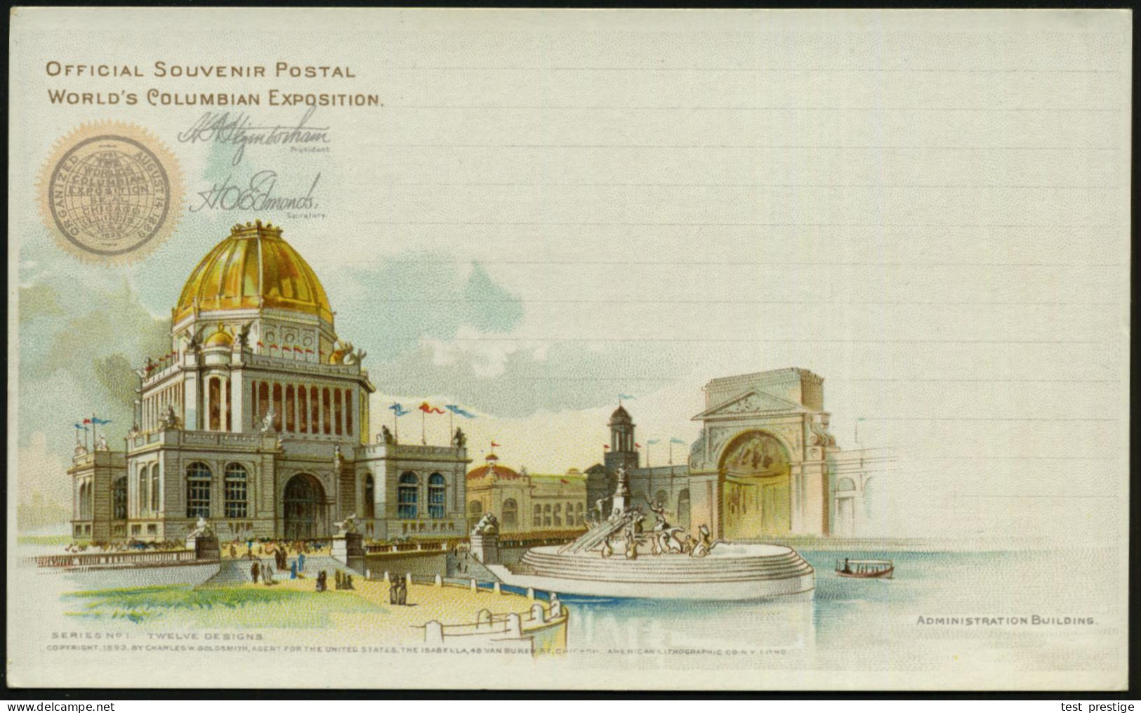 U.S.A. 1893 PP 1 C. Grant, Schw.: WORLD'S COLUMBIAN EXPOSITION.. Administration Building (Verwaltungsgebäude, Brunnen) U - Otros & Sin Clasificación