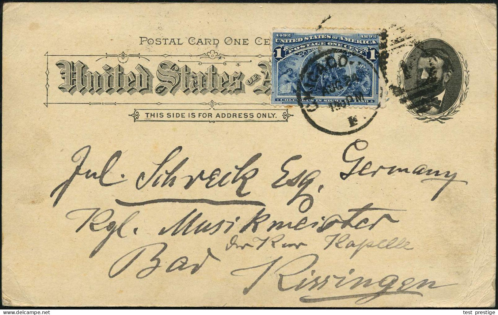 U.S.A. 1893 (24.8.) PP 1 C. Grant, Schw.: WORLD'S COLUMBIAN EXPOSITION = Mines Building = Bergbau-Palast U. Allegorie Mi - Sonstige & Ohne Zuordnung