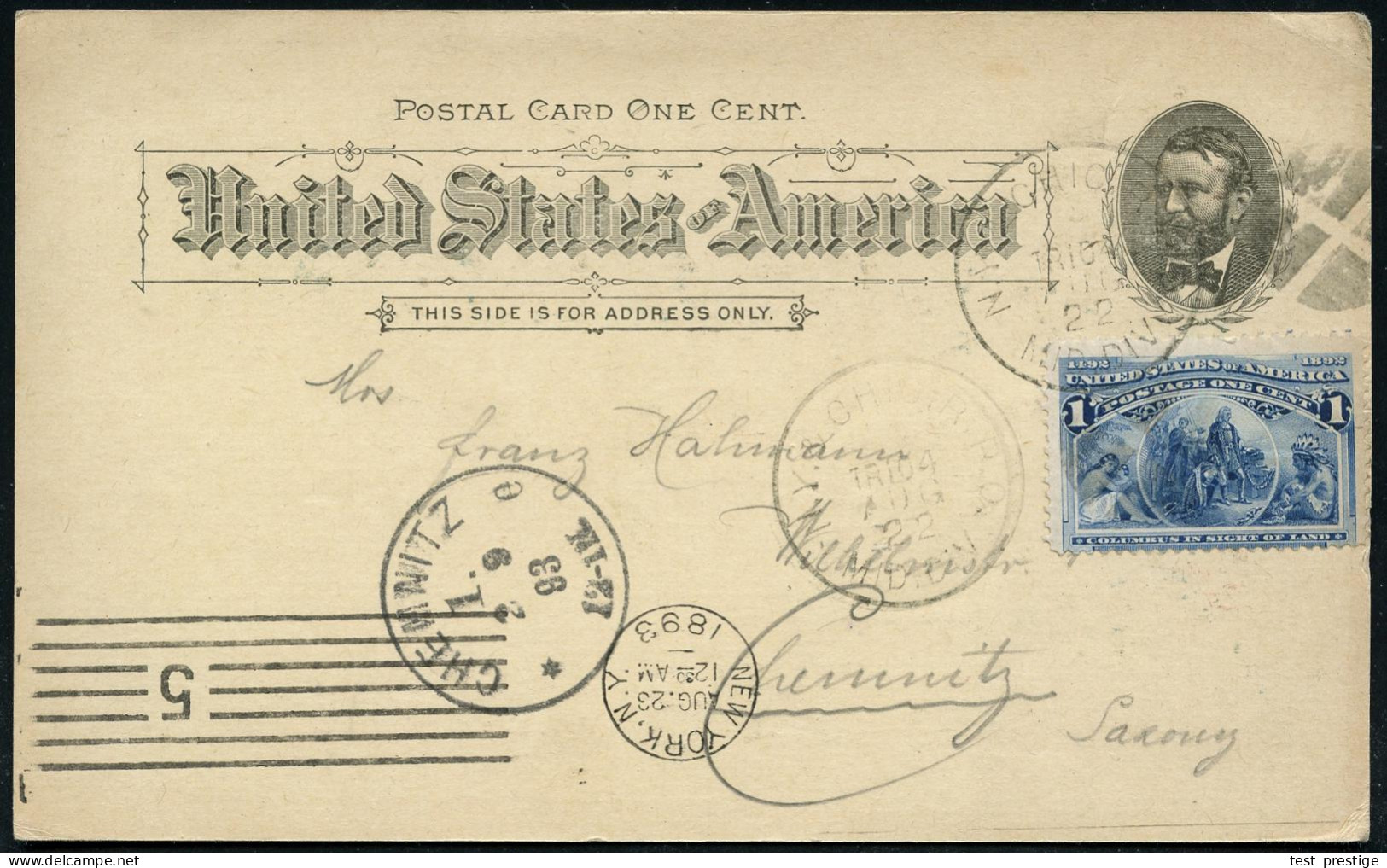 U.S.A. 1893 (24.8.) PP 1 C. Grant, Schw.: WORLD'S COLUMBIAN EXPOSITION = Glas-Palast, Gondel, Allegor. Figur Mit Kindern - Otros & Sin Clasificación