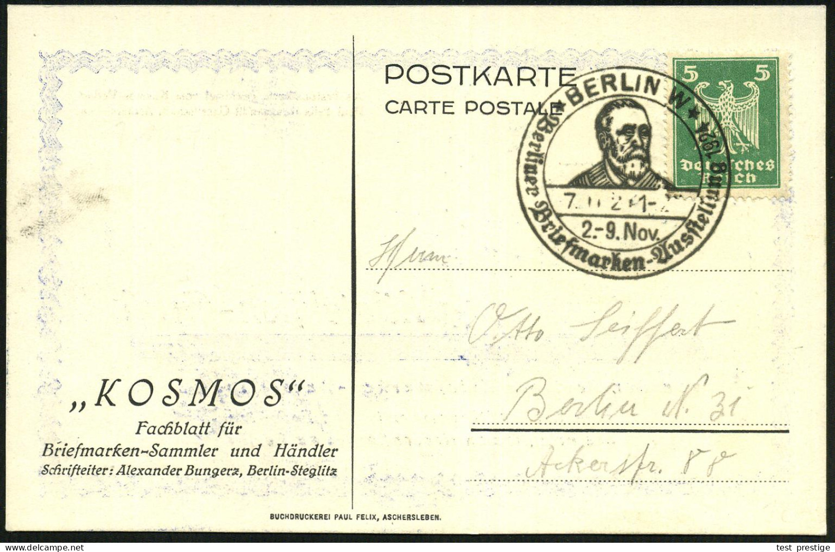 BERLIN W/ Berliner Briefmarken-Ausstellung 1924 (7.11.) SSt = Brustbild Heinr. V. Stepham Auf Motiv-ähnl. Color-Sonder-K - UPU (Universal Postal Union)