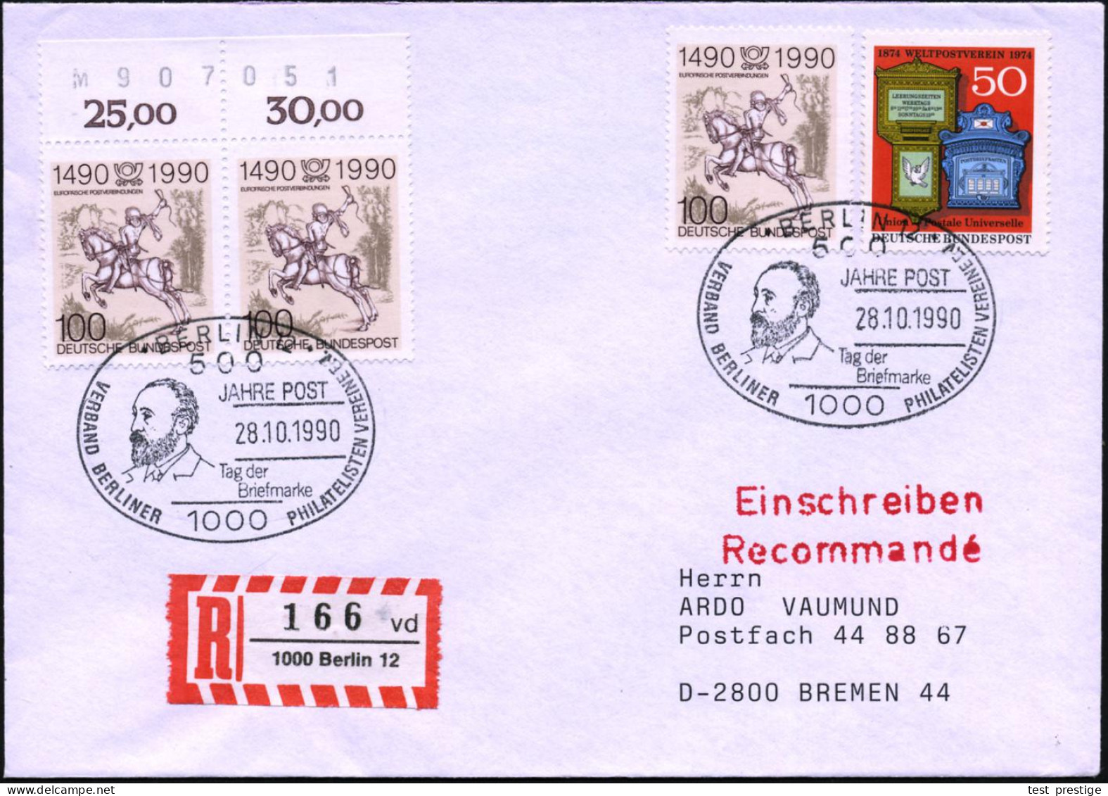 1000 BERLIN 12/ 500 JAHRE POST/ Tag Der/ Briefmarke.. 1990 (28.10.) SSt = Heinr. V.Stephan 2x Auf 50 Pf. UPU + 3x 100 Pf - UPU (Union Postale Universelle)