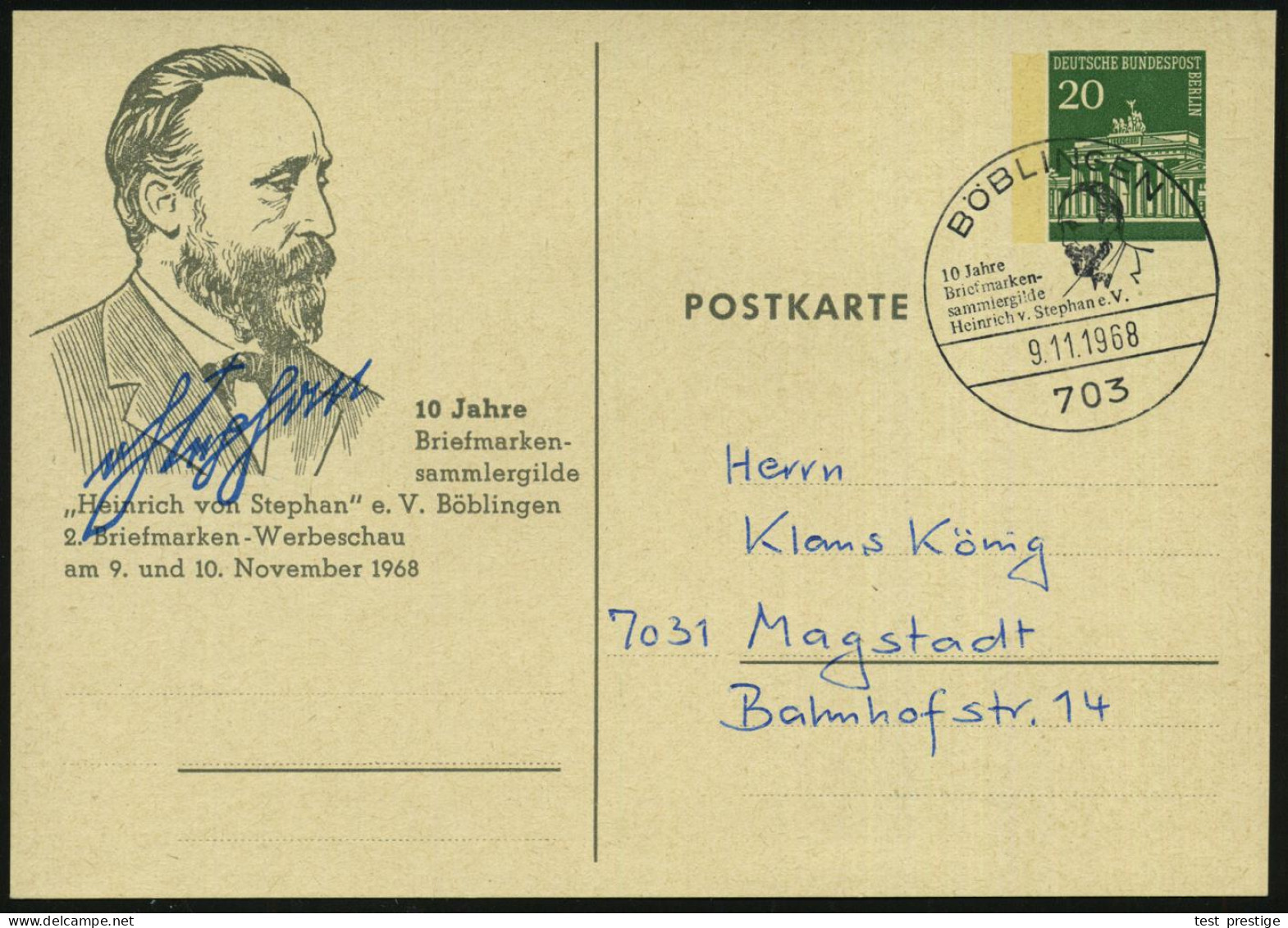 703 BÖBLINGEN/ ..BSG/ Heinrich V.Stephan 1968 (9.11.) SSt = Heinrich V.Stephan Auf Motivgl. PP 20 Pf. Brandenbg.Tor: Hei - WPV (Weltpostverein)