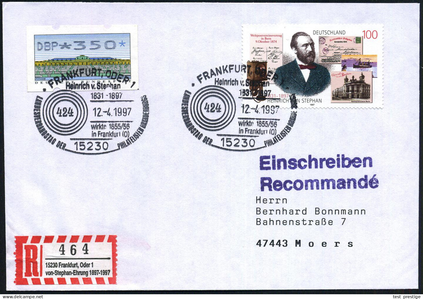 15230 FRANKFURT,ODER 1/ ..HEINR.VON STEPHAN 1997 (12.4.) SSt Auf 100 Pf. Heinr. V.Stephan (Mi.1912 U.a.) + Sonder-RZ: 15 - UPU (Unión Postal Universal)