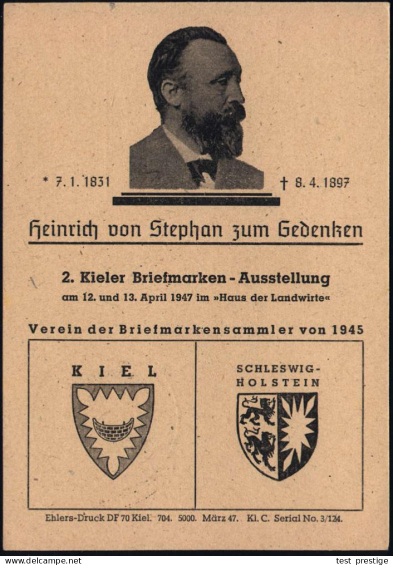 Kiel 1947 (8.4.) SSt: 2. Kieler-Briefmarken-Ausst./H.v.Stephan (= Brustbild Stephan) Auf Amtl. P 12 Pf. Arbeiter + Zudru - UPU (Universal Postal Union)