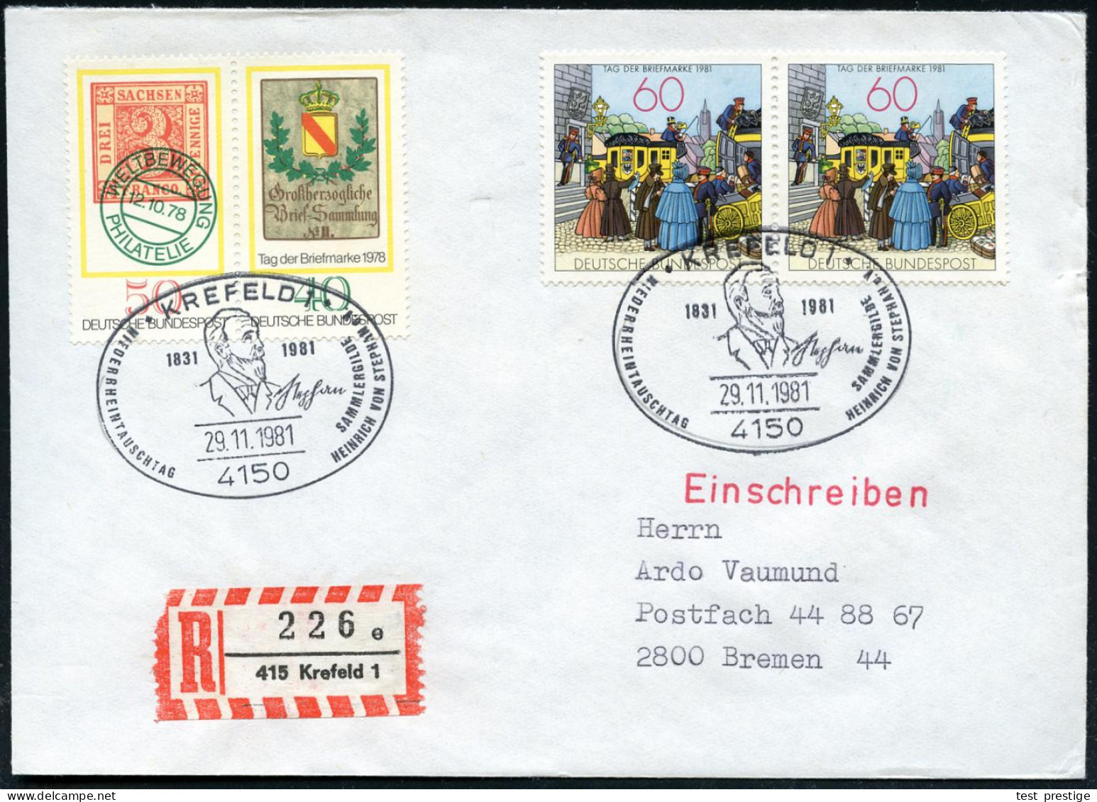 4150 KREFELD 1/ SAMMLERGILDE/ HEINRICH VON STEPHAN.. 1981 (29.11.) SSt = Brustbild Stephan , 2x Auf Frankatur "Tag Er Br - UPU (Universal Postal Union)
