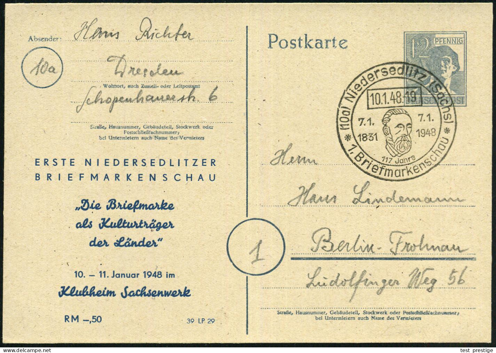 (10a) Niedersedlitz(Sachs)/ 1.Briefm.Schau 1948 (7.1.) SSt (Kopfbild Stephan) Auf Amtl.P 12 Pf. Arbeiter + Amtl.,  B L A - WPV (Weltpostverein)