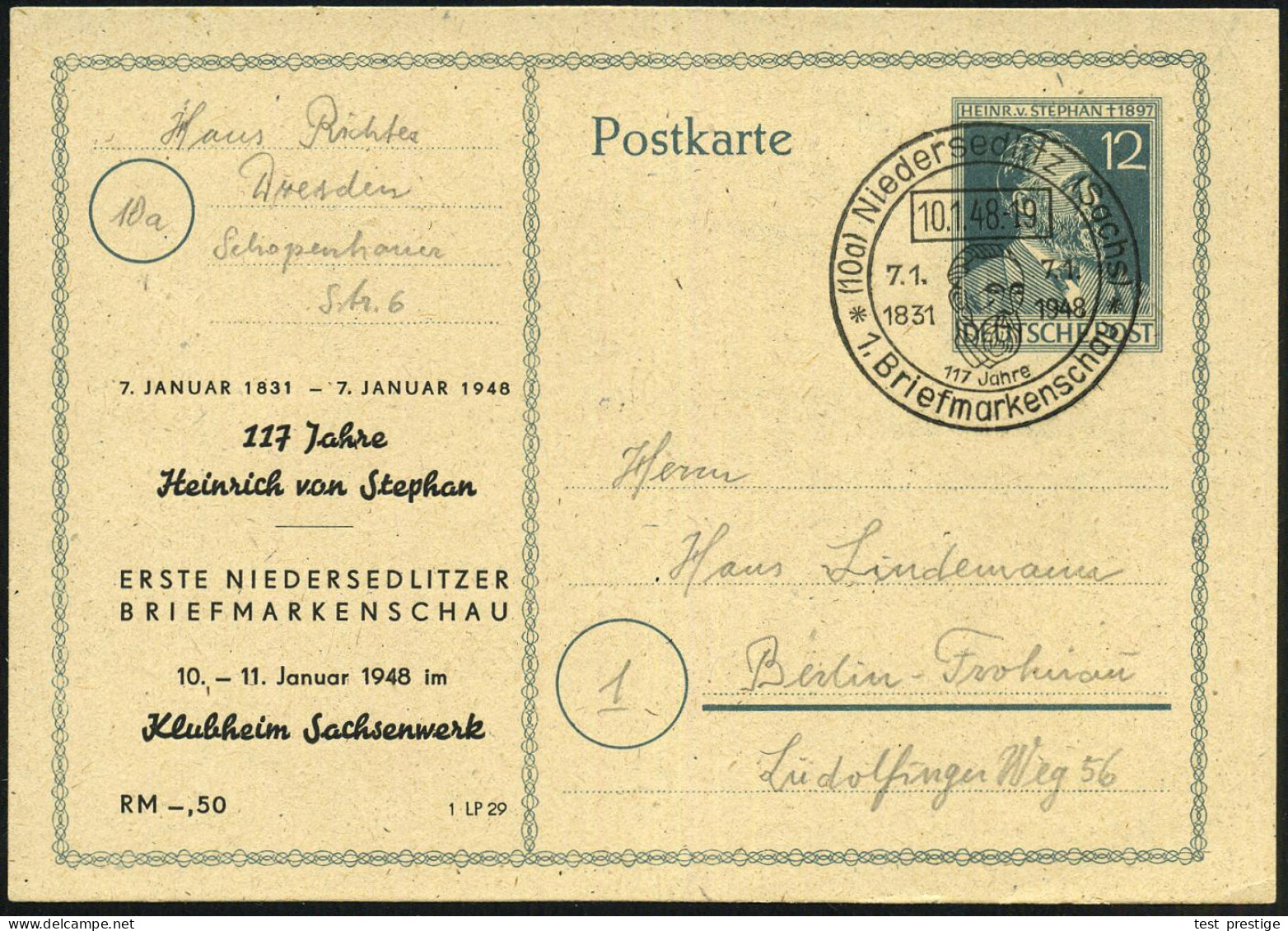 (10a) Niedersedlitz (Sachs)/ 1.Briefmarkenschau 1948 (7.1.) SSt (Kopfbild Stephan) Auf Amtl. P 12 Pf. H.v.Stephan + Amtl - WPV (Weltpostverein)
